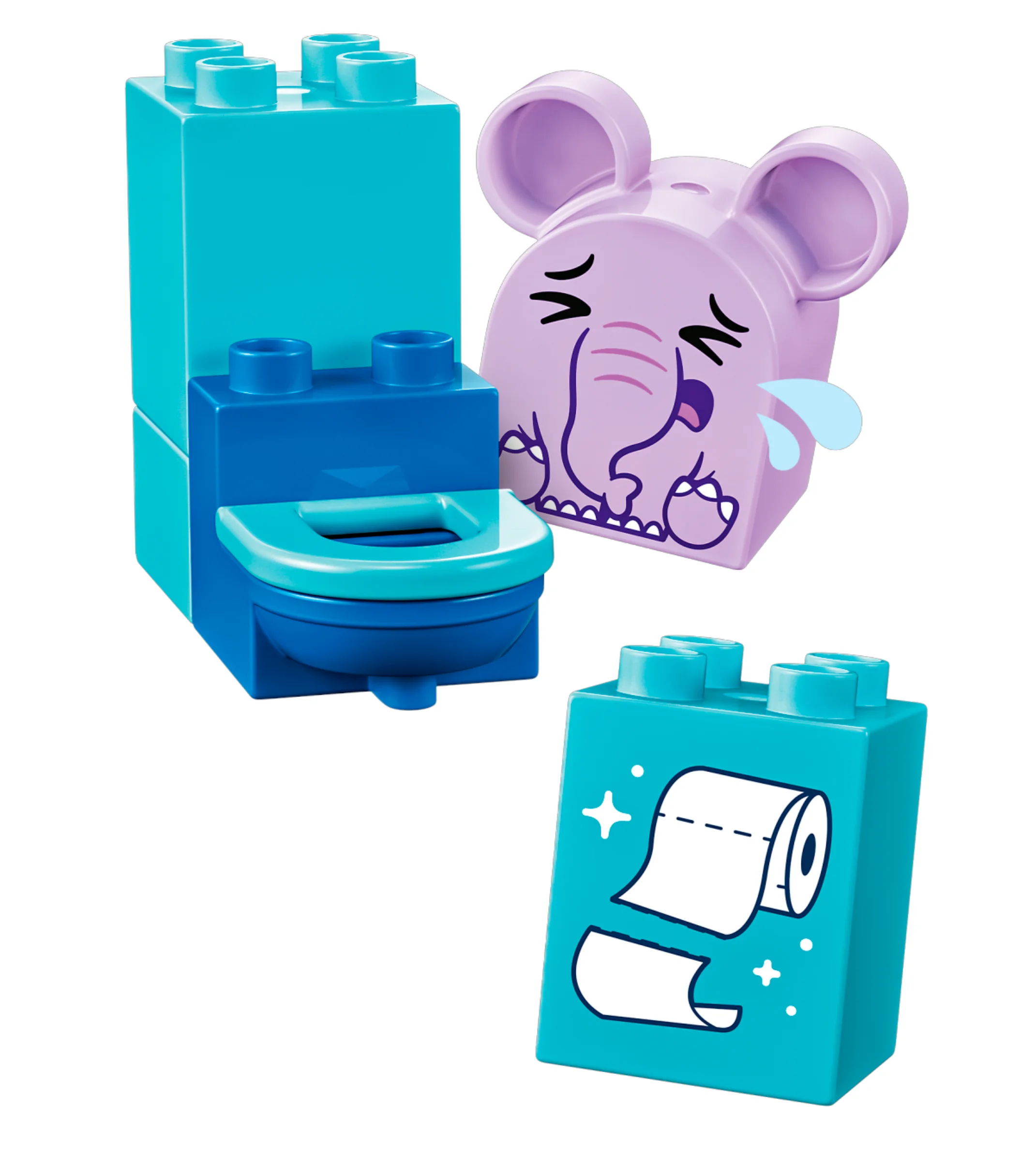 Imagine detaliată cu un WC, elefant trist și hârtie igienică din setul Duplo „Rutine Zilnice: Baia”.
