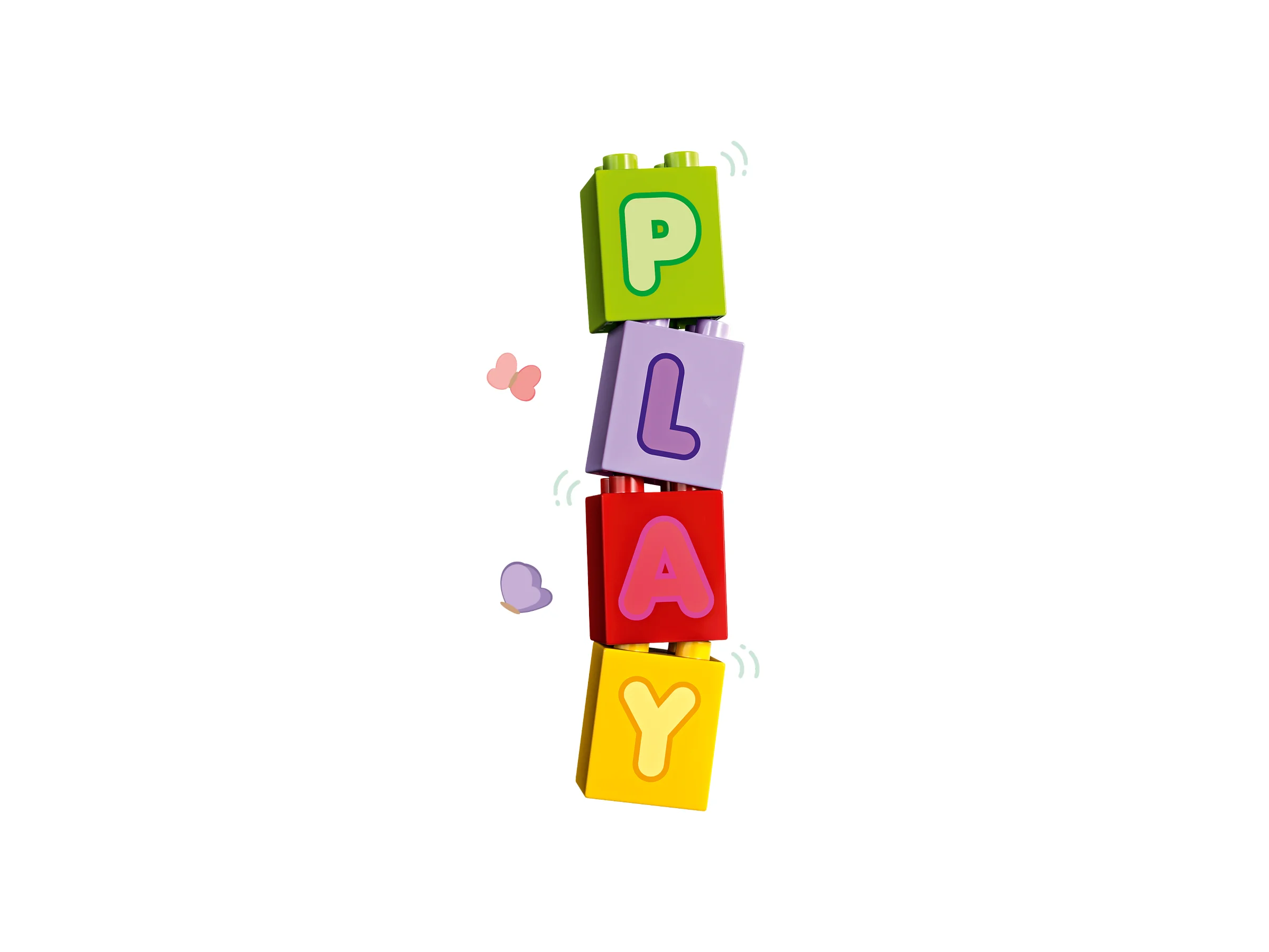 Cuburi Duplo colorate, stivuite, formând cuvântul PLAY. Ideal pentru învățare distractivă.