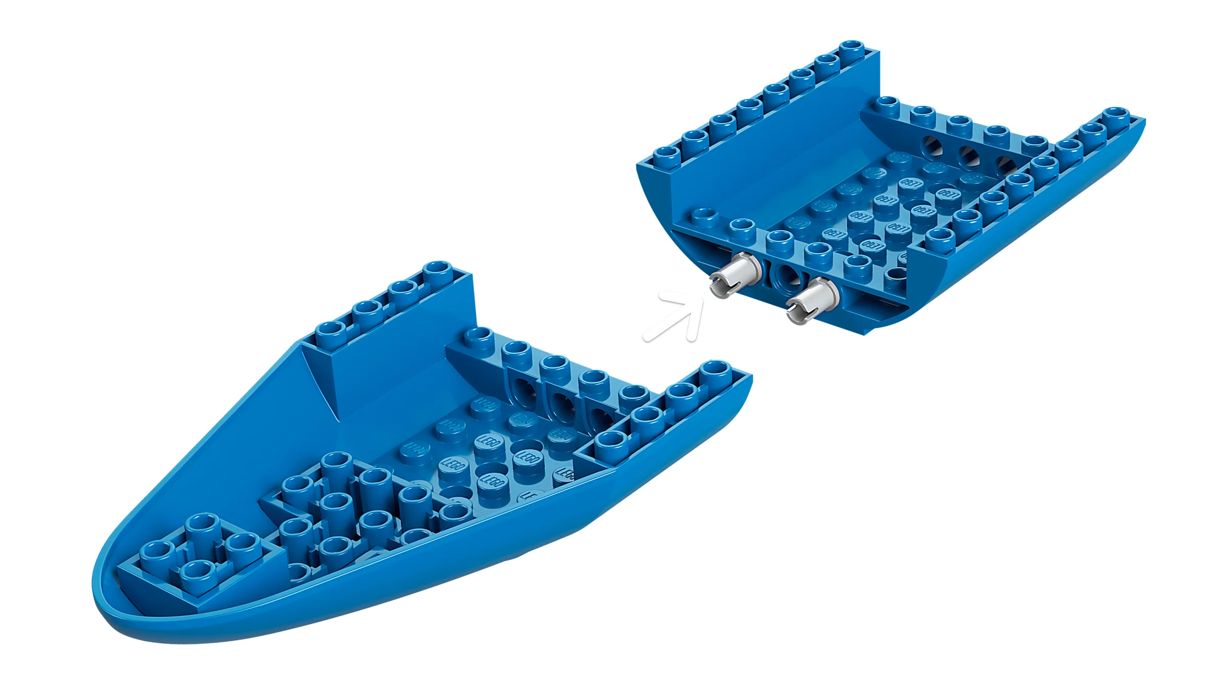 Două părți albastre ale unei bărci LEGO, gata de asamblare. Instrucțiuni de construcție.