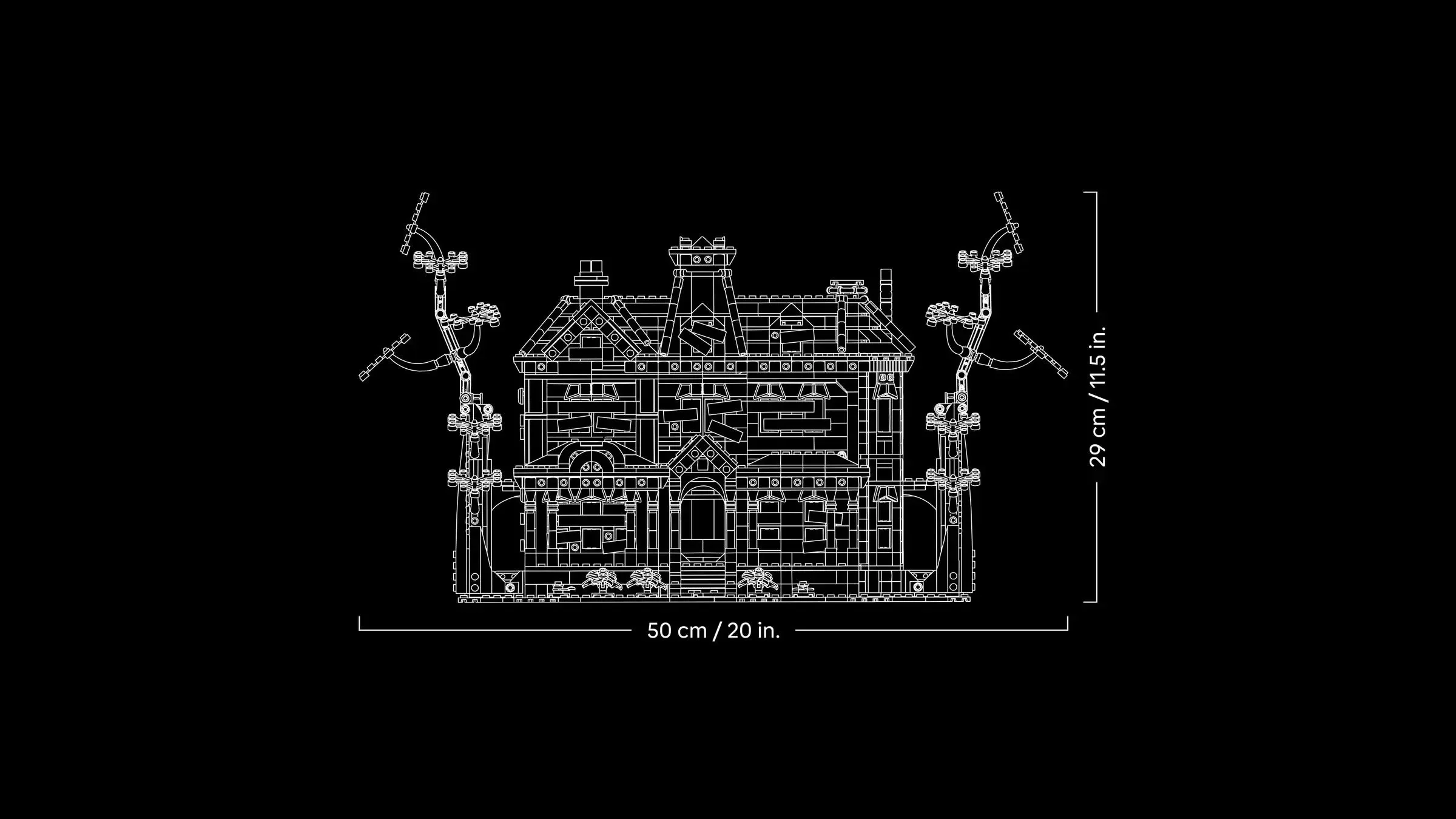 Dimensiunile casei Creel: 50 cm lățime și 29 cm înălțime, detaliate.