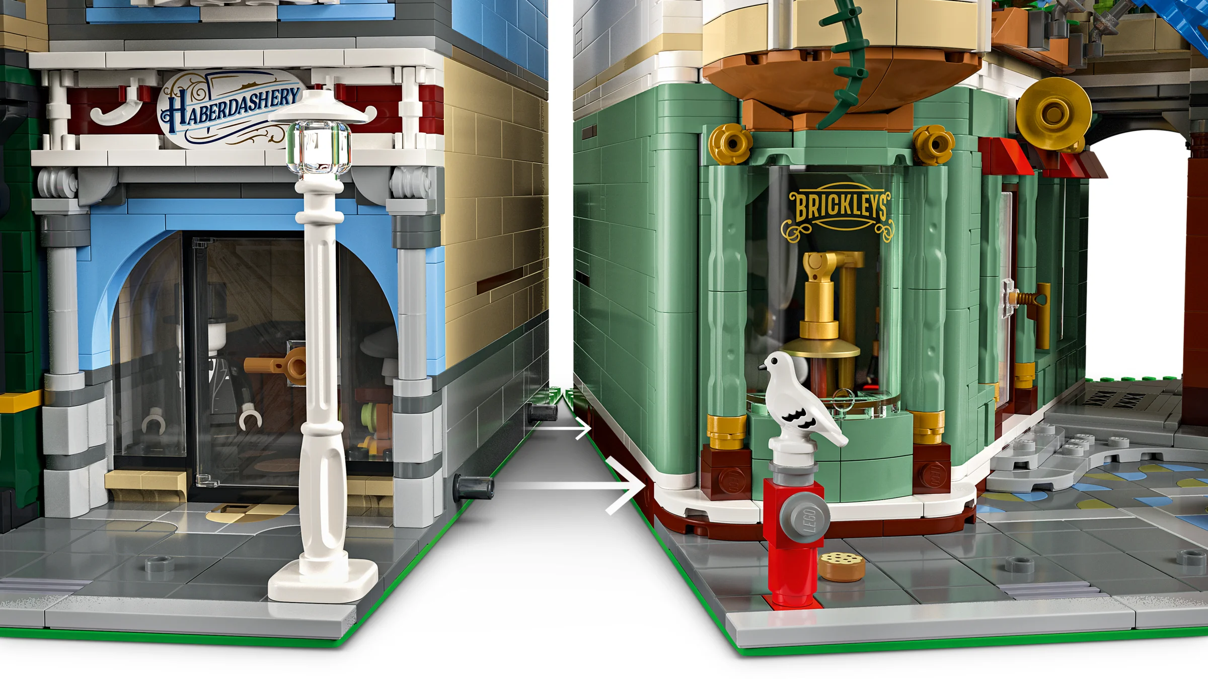Detalii ale străzii comerciale LEGO 11371, cu magazinul de articole de mercerie și fabrica de ciocolată.