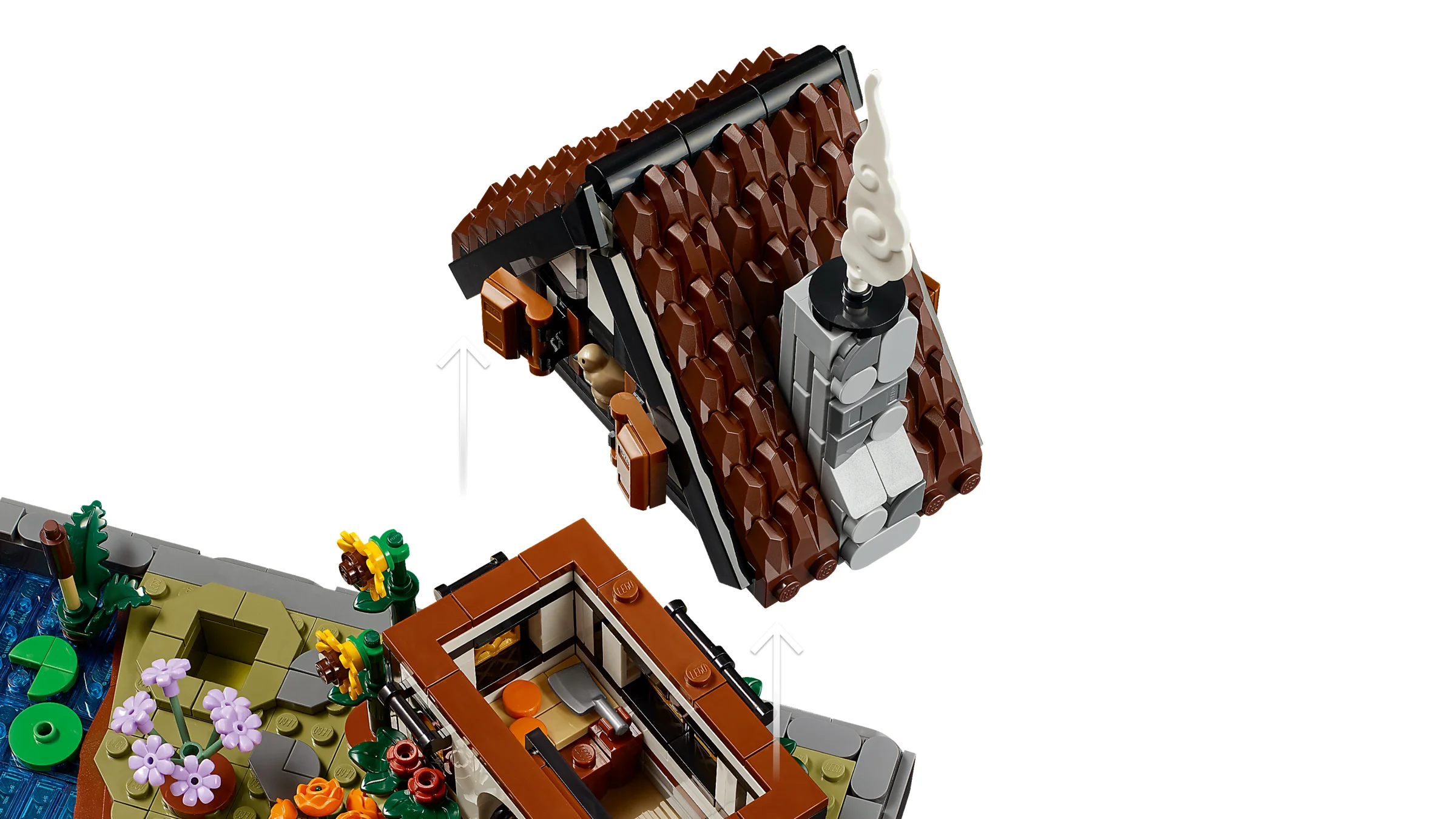 Detalii despre acoperișul detașabil și interiorul căsuței din setul LEGO Autumn Cottage Garden.