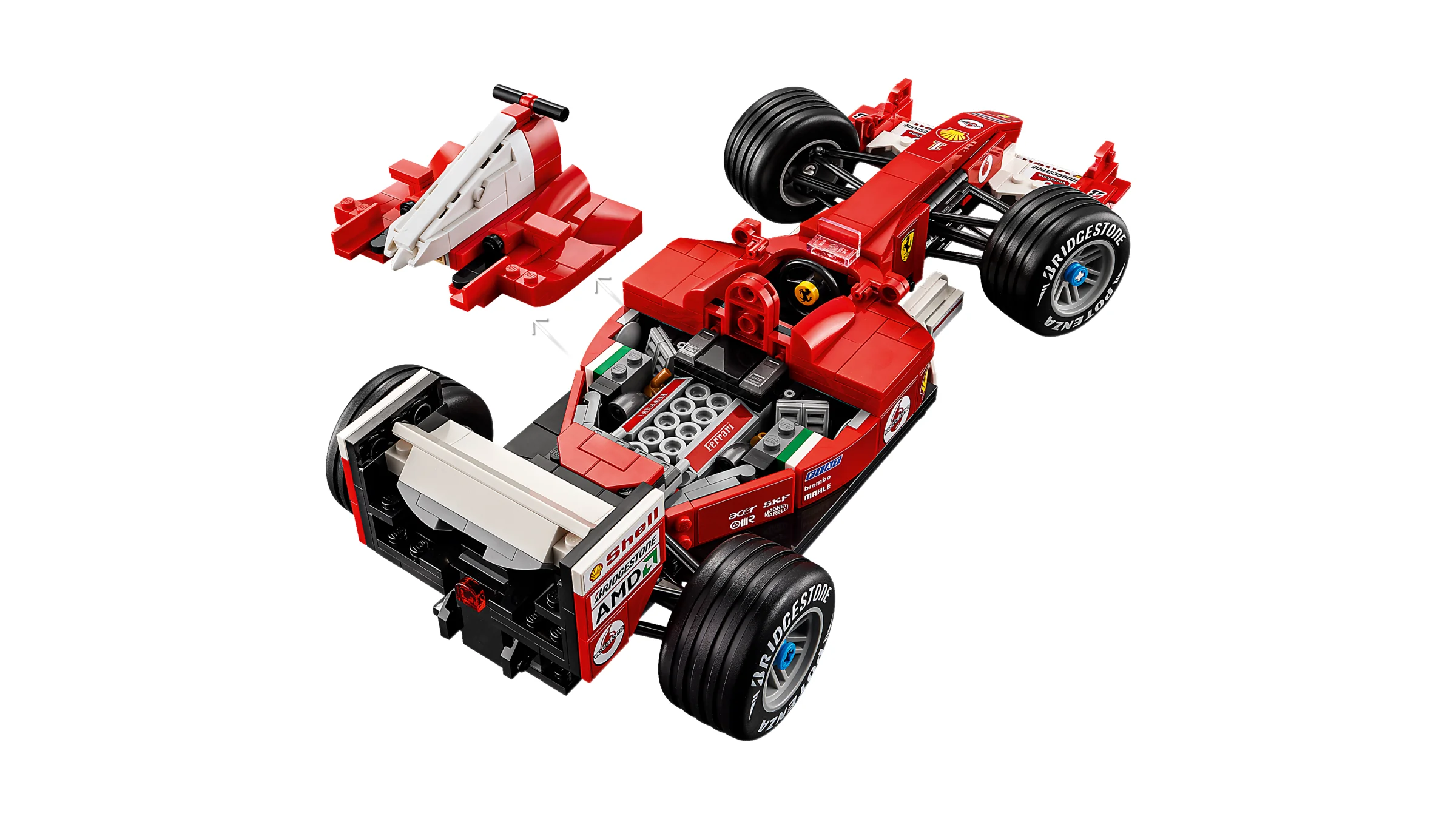 Imagine detaliată cu Ferrari F2004, accent pe componente și detalii interne.
