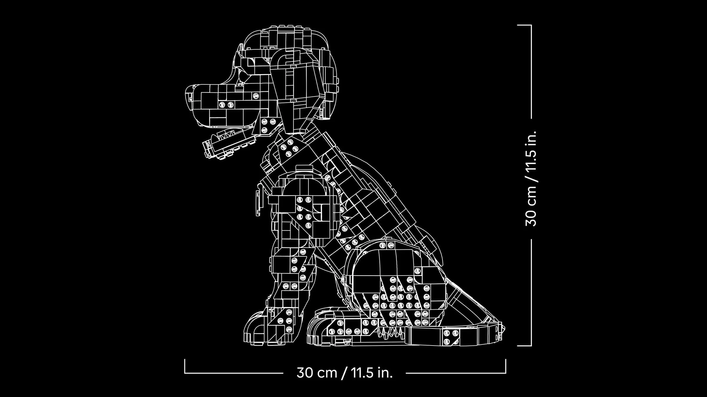 Ilustrație tehnică a cățelușului Golden Retriever LEGO, cu dimensiuni. Detaliu construcție.