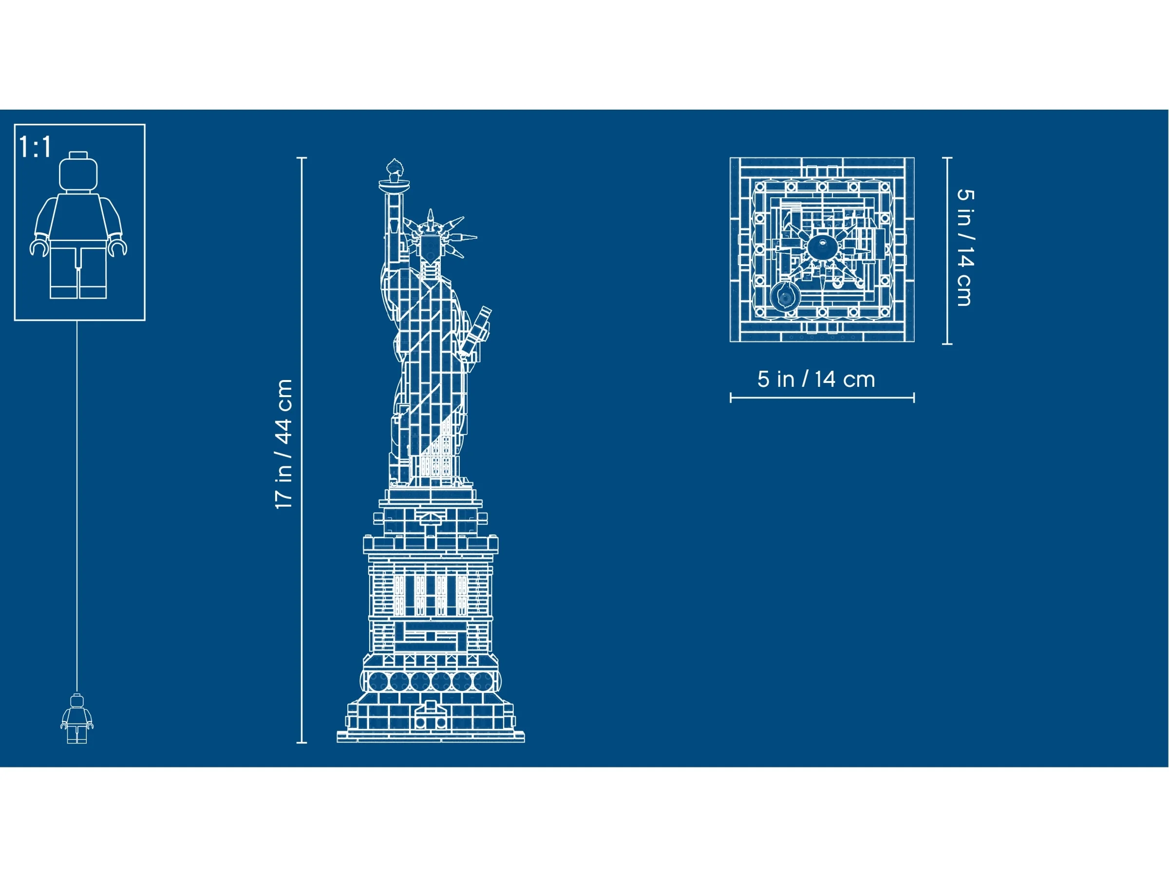 Ilustrație tehnică albastră cu schița Statuii Libertății și dimensiuni. 