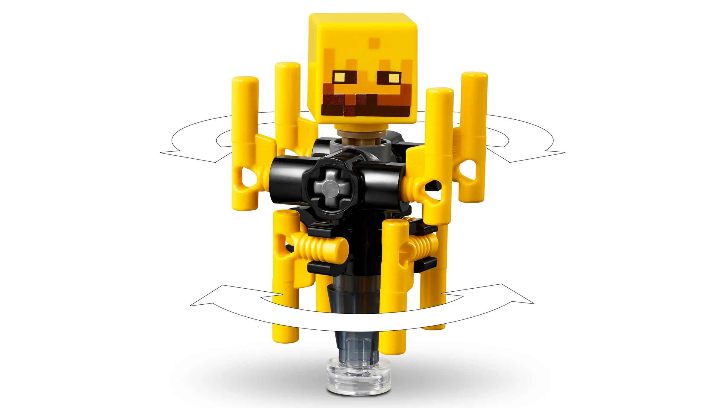 Prim-plan cu figurina LEGO Blaze, cu brațele rotative marcate cu săgeți.