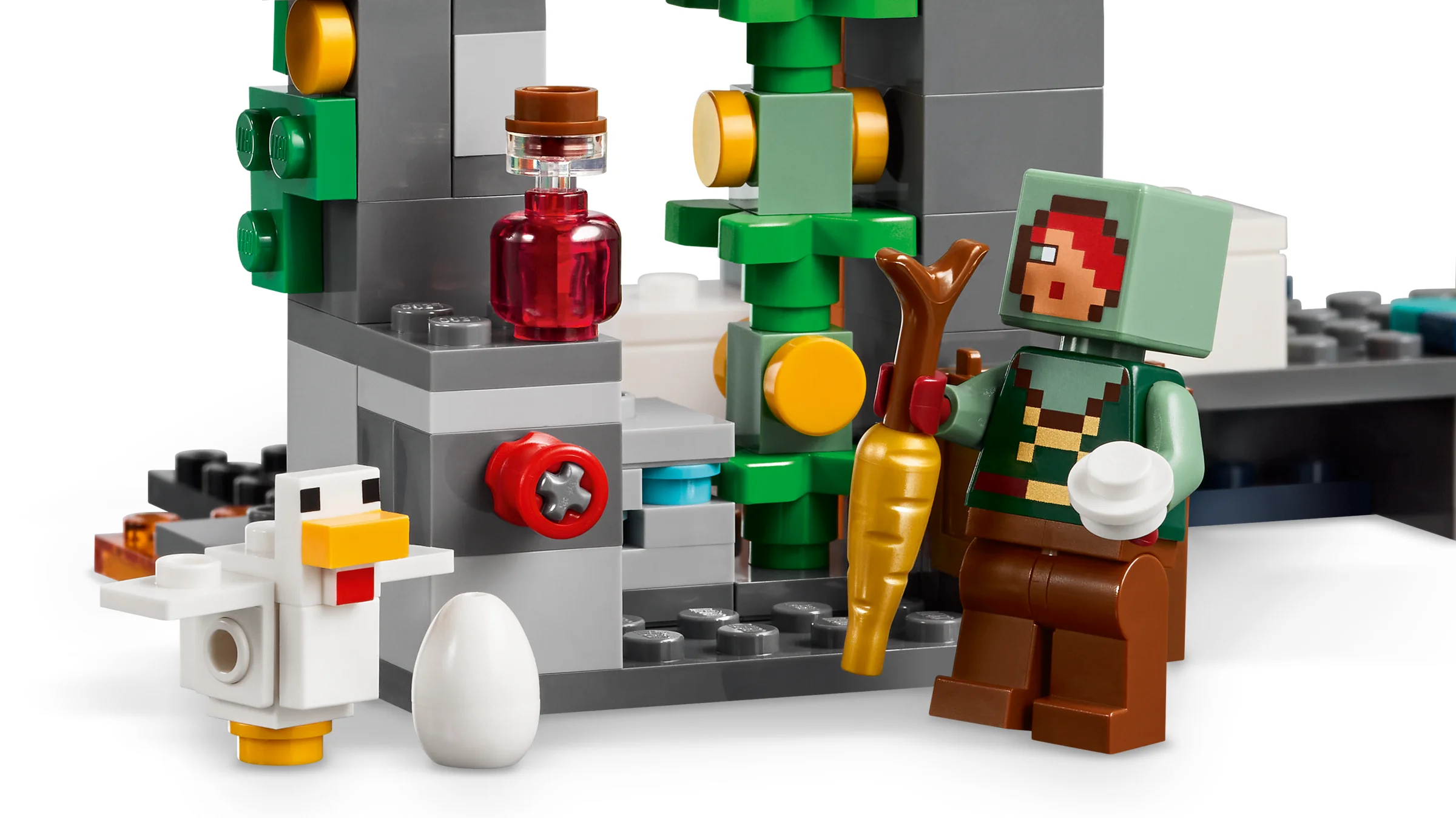 Imagine cu detaliile setului LEGO Minecraft 21274, inclusiv figurina Warden și puiul.