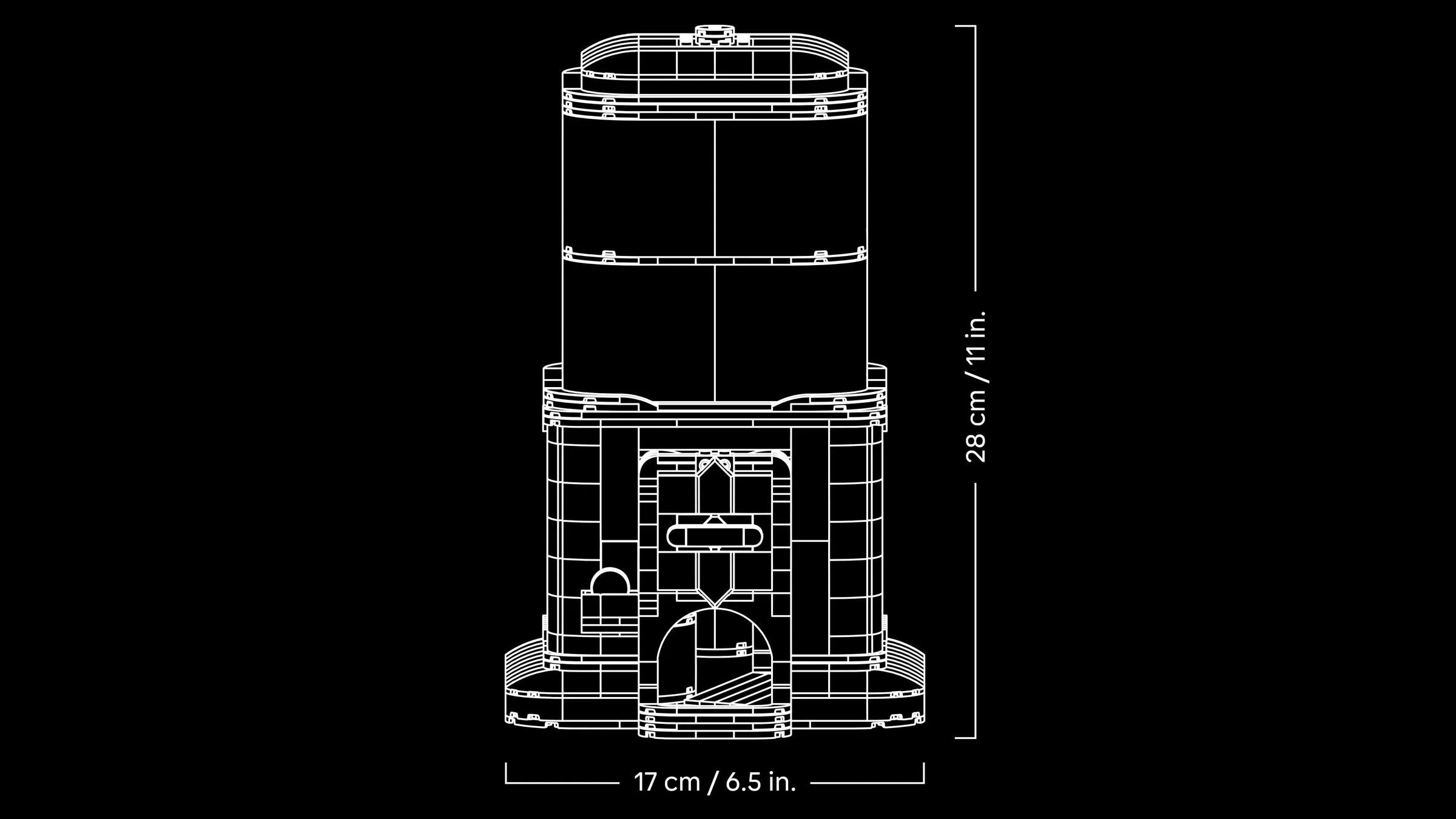Diagramă tehnică a automatului LEGO, cu dimensiunile de 28 cm înălțime și 17 cm lățime.