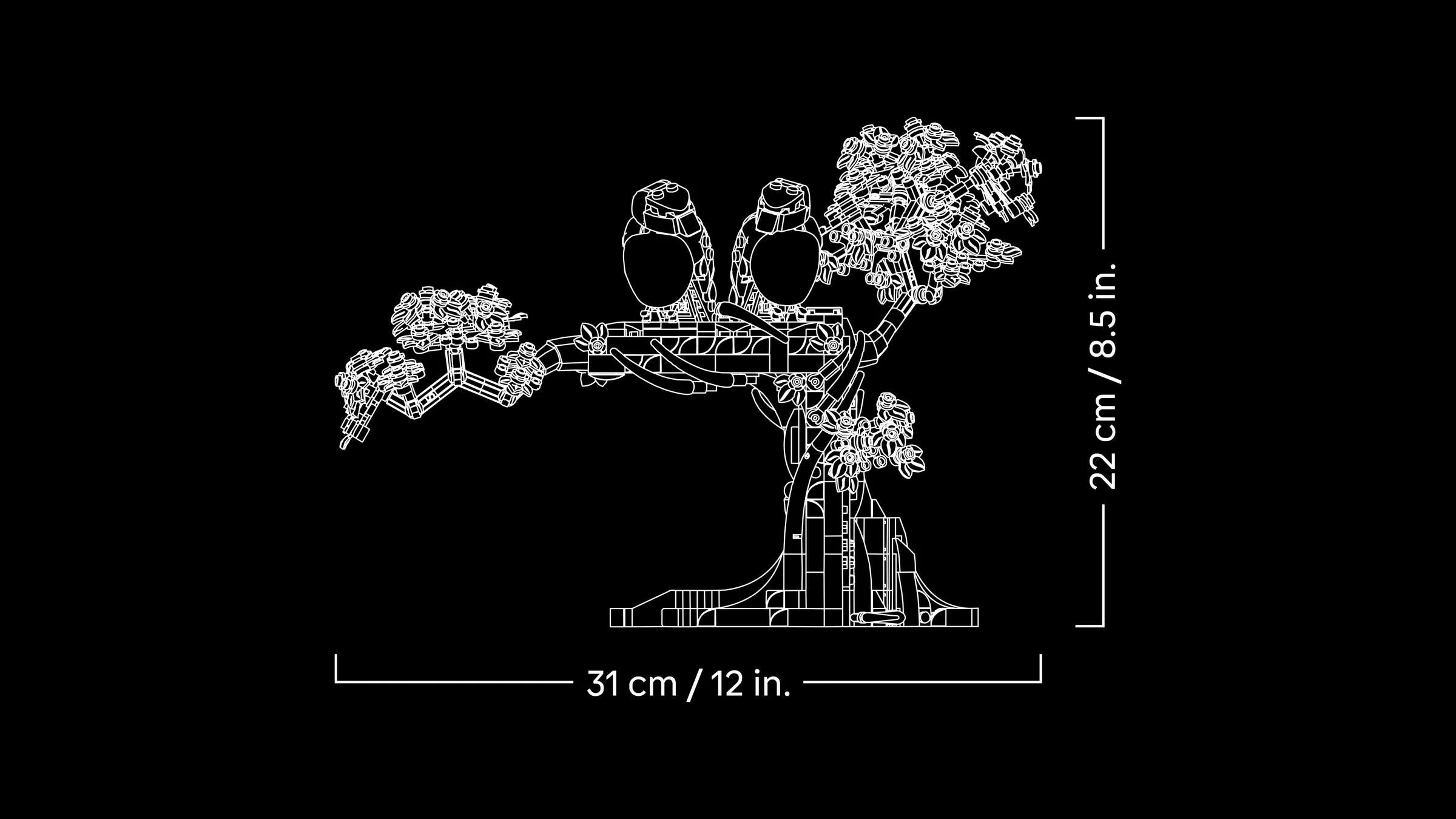 Dimensiunile modelului Love Birds: 22 cm înălțime, 31 cm lățime.