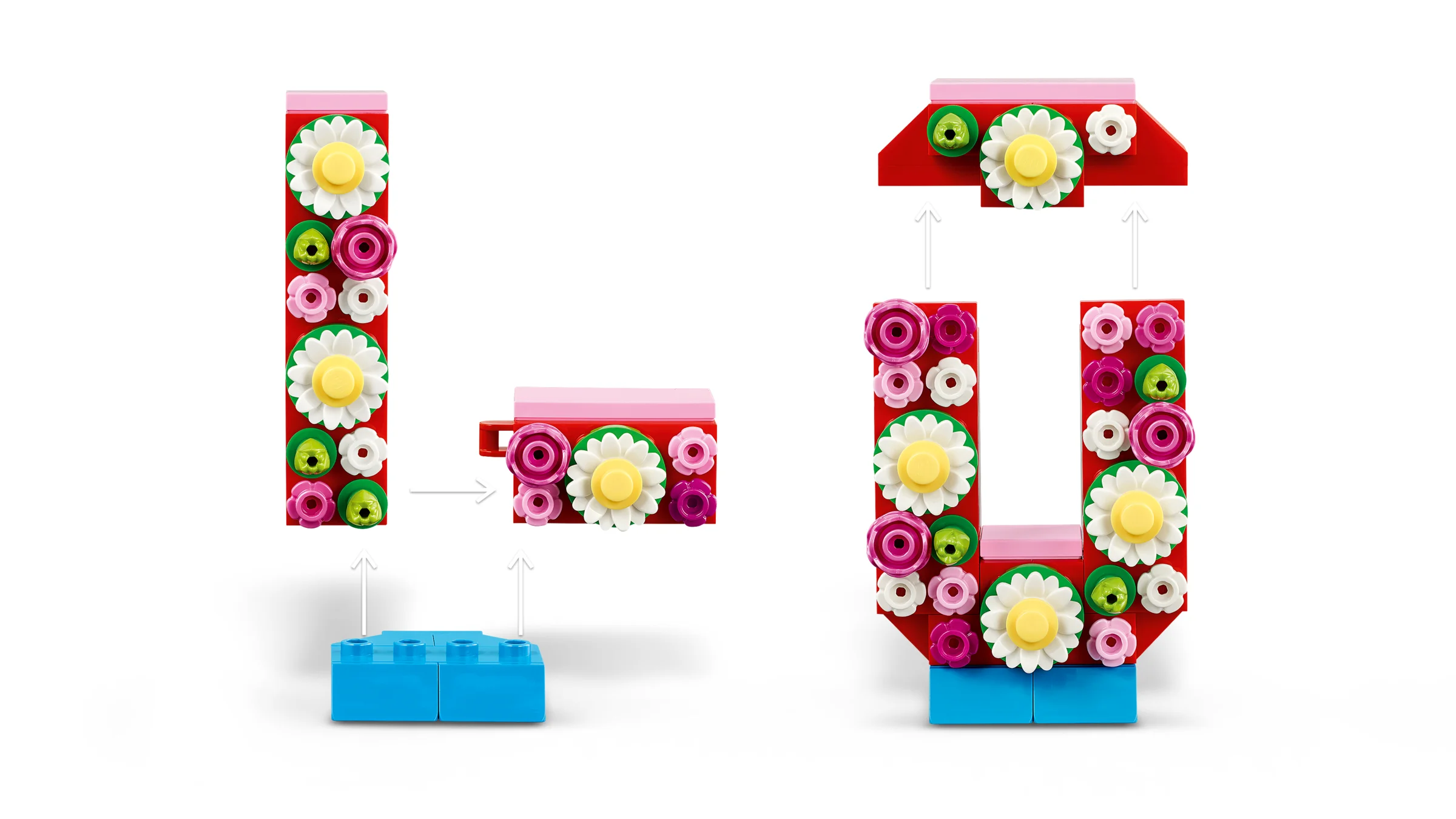 Instrucțiuni de asamblare pentru literele LEGO decorate cu flori.