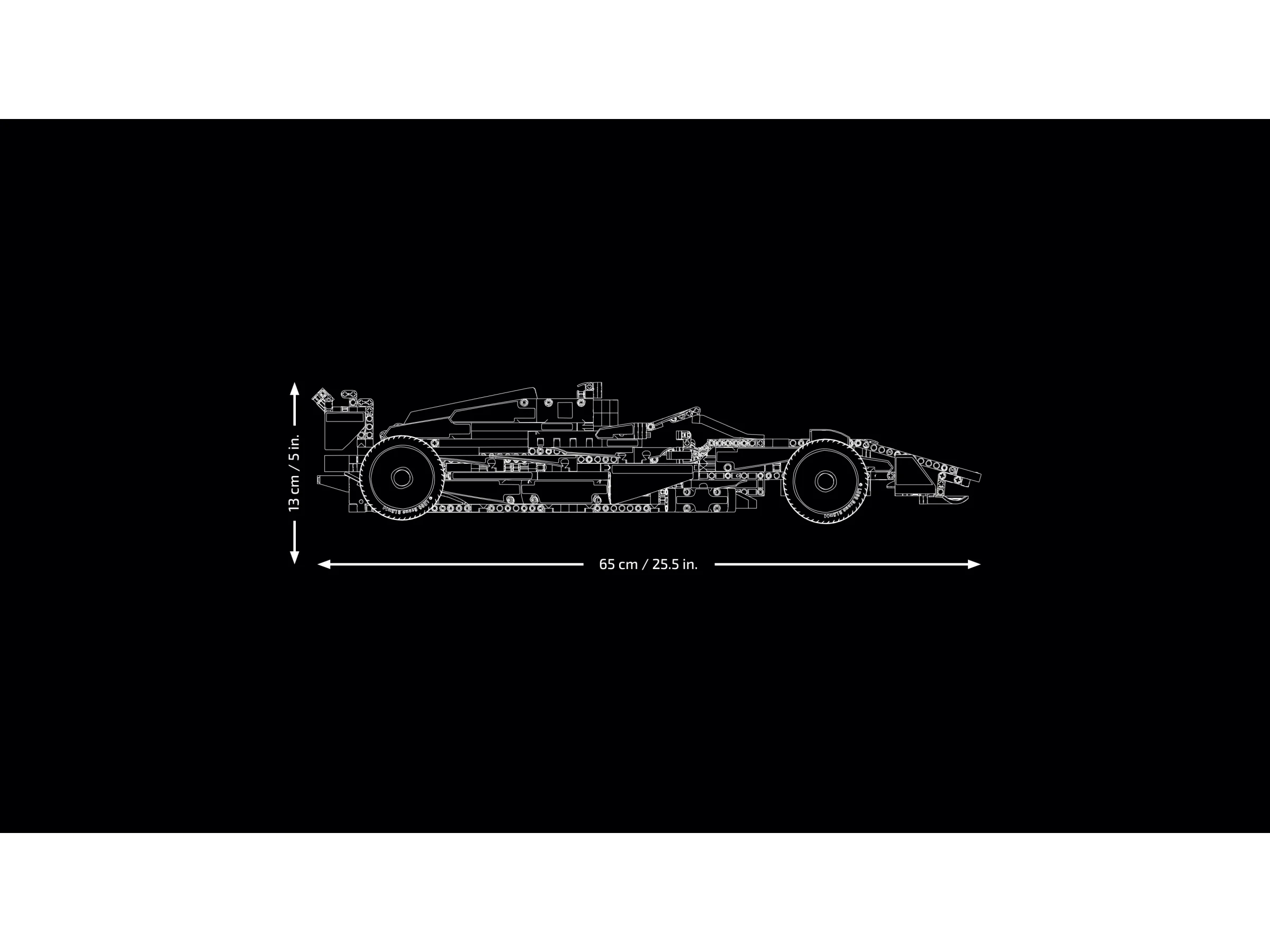 Ilustrație tehnică a modelului McLaren Formula 1, cu dimensiuni: 65cm lungime și 13cm înălțime.
