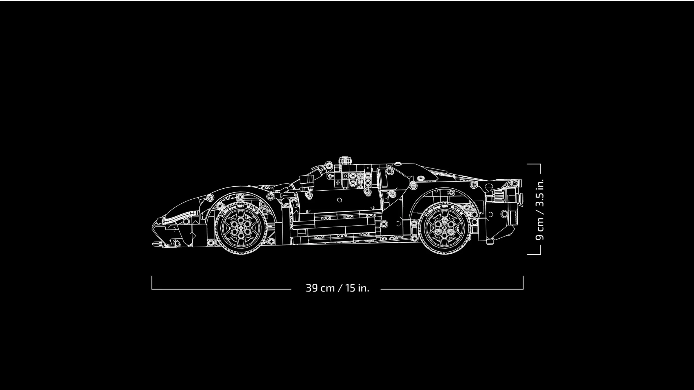 Desen tehnic al modelului Ford GT 2022 LEGO Technic (42154), cu dimensiunile principale evidențiate.