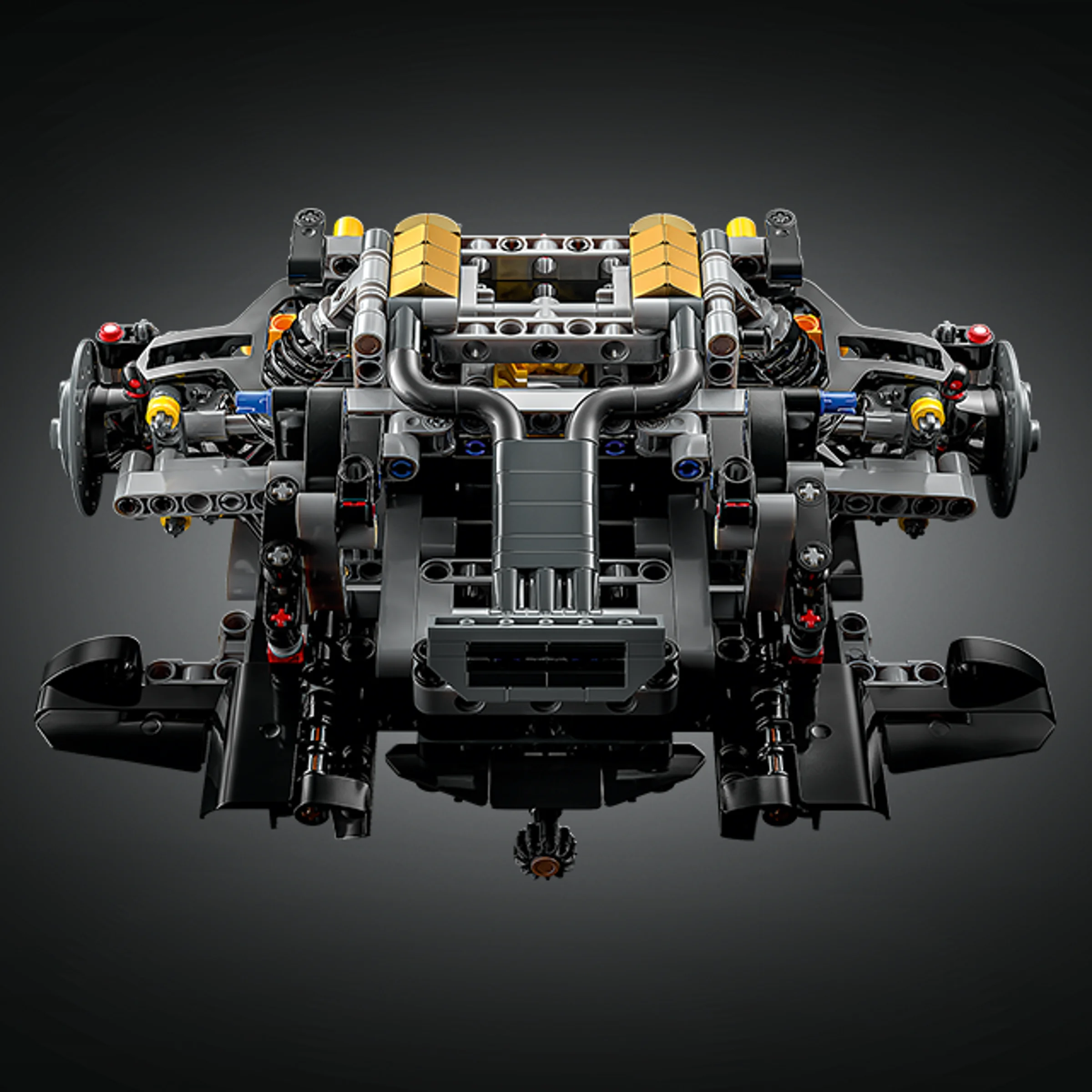 Imagine detaliată cu șasiul McLaren P1 din setul LEGO Technic 42172, fără caroserie.