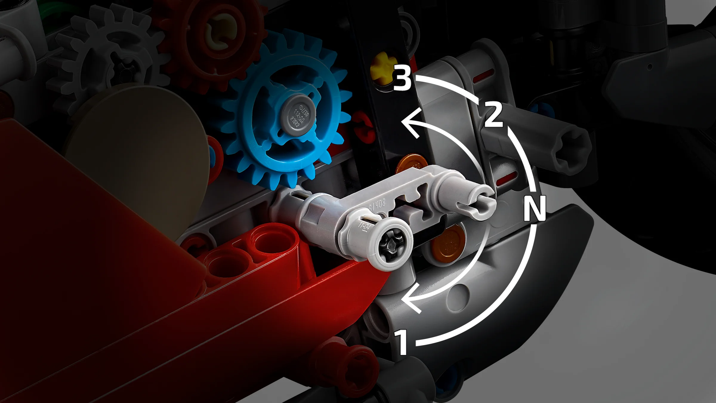 Detaliu LEGO Technic cu mecanism de schimbare a vitezelor numerotat de la N la 3.