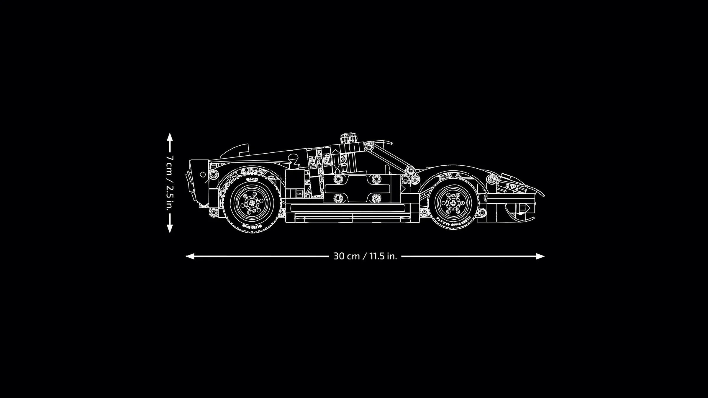 Schiță tehnică a modelului Ford GT40 MKII, cu dimensiuni indicate. Desen alb pe fond negru.