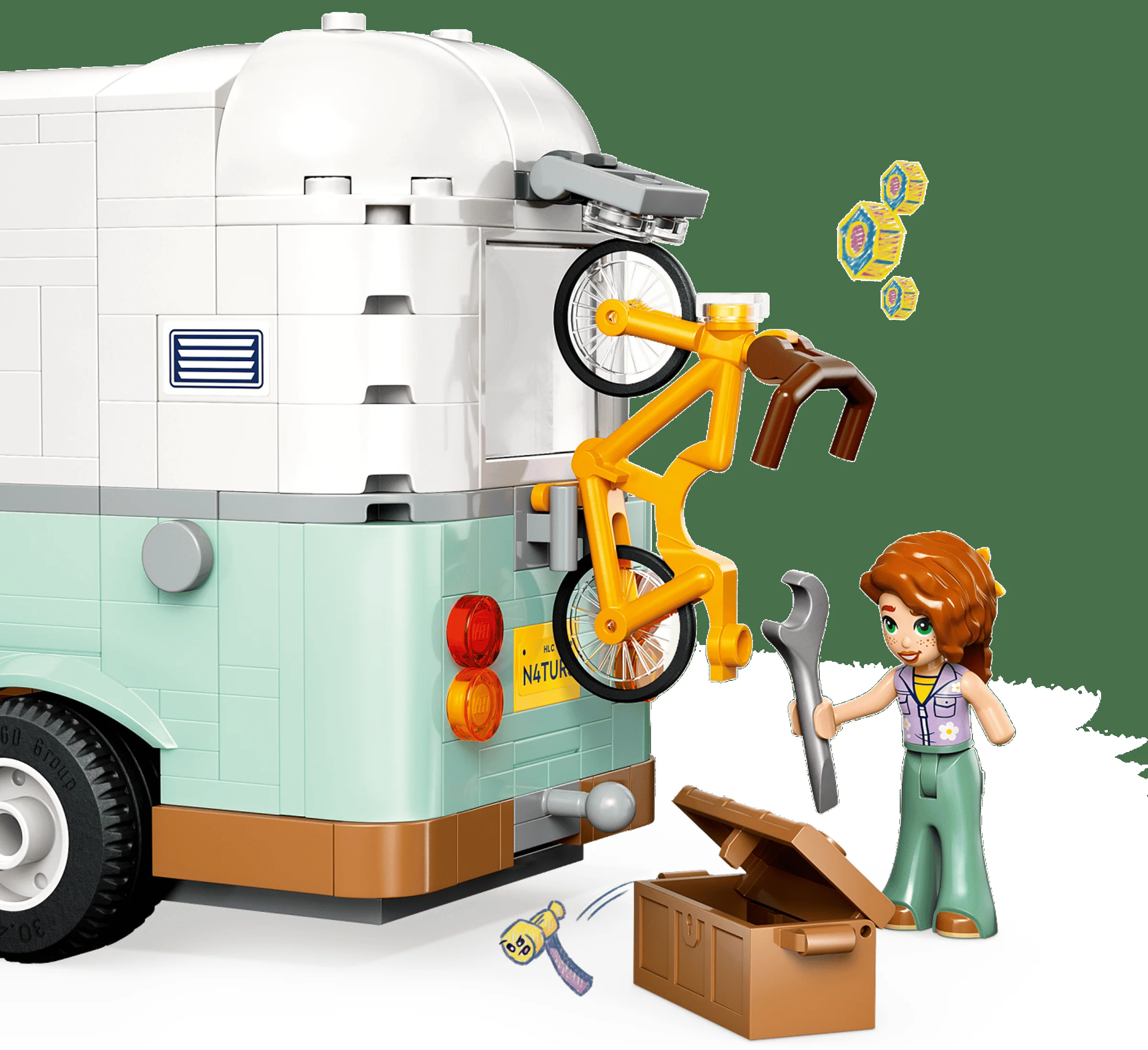 Camper van prietenos cu bicicletă, minifigurină și cutie de scule, ideal pentru aventuri. E distractiv!