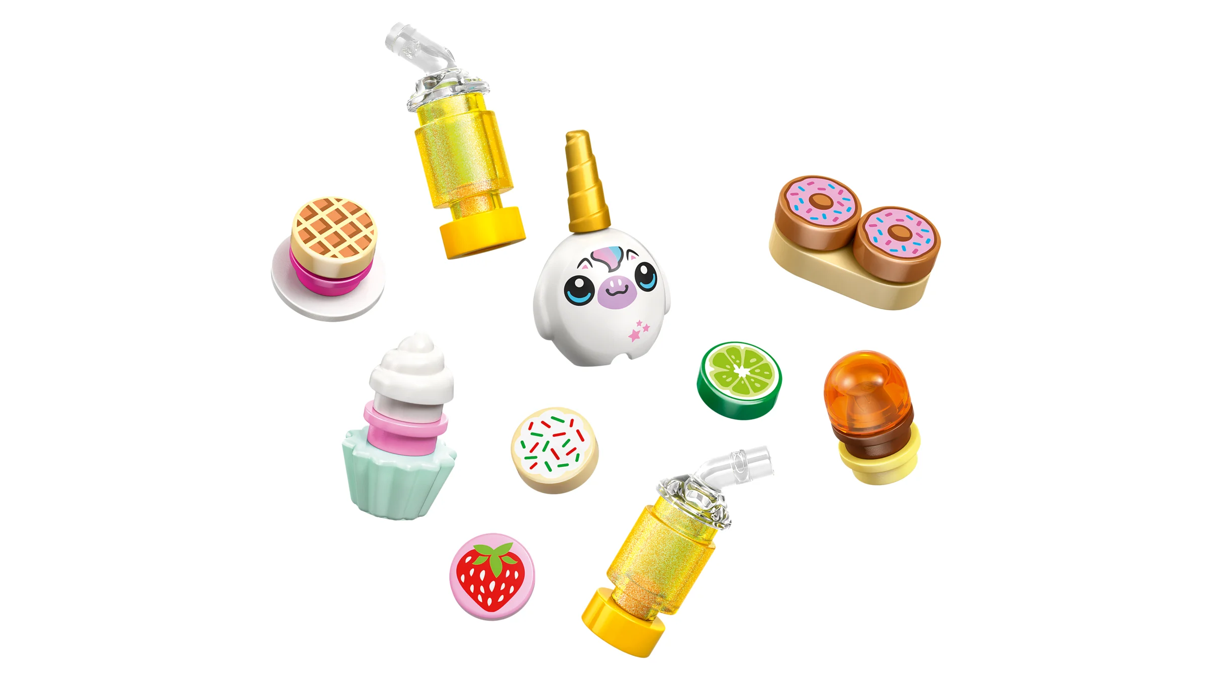 Detalii cu piese LEGO: brioșă, gogoși, unicorn și băuturi lucitoare.