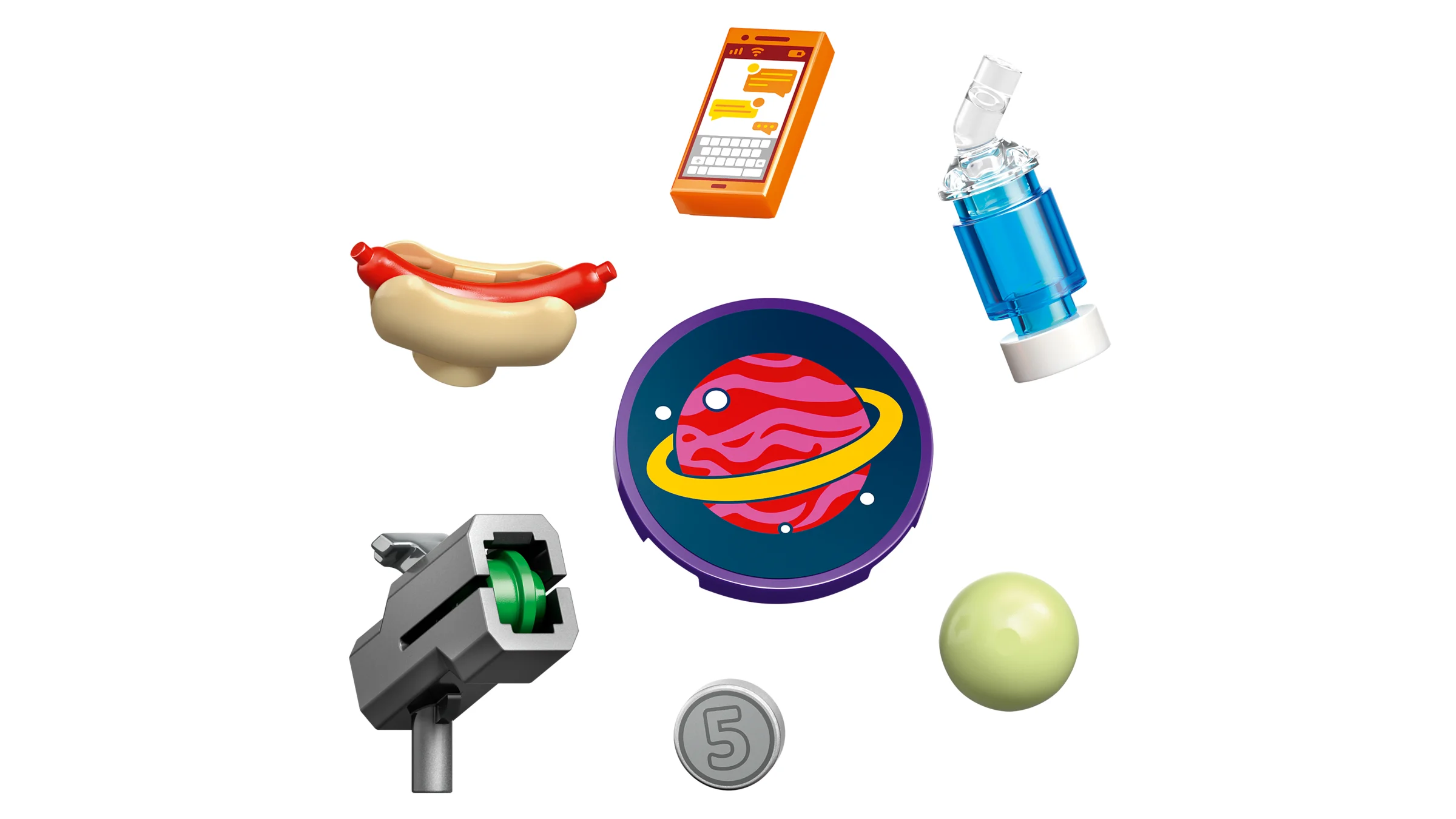 Imagine cu diverse accesorii LEGO, inclusiv un hotdog, telefon, tobogan cu bile și o planetă.