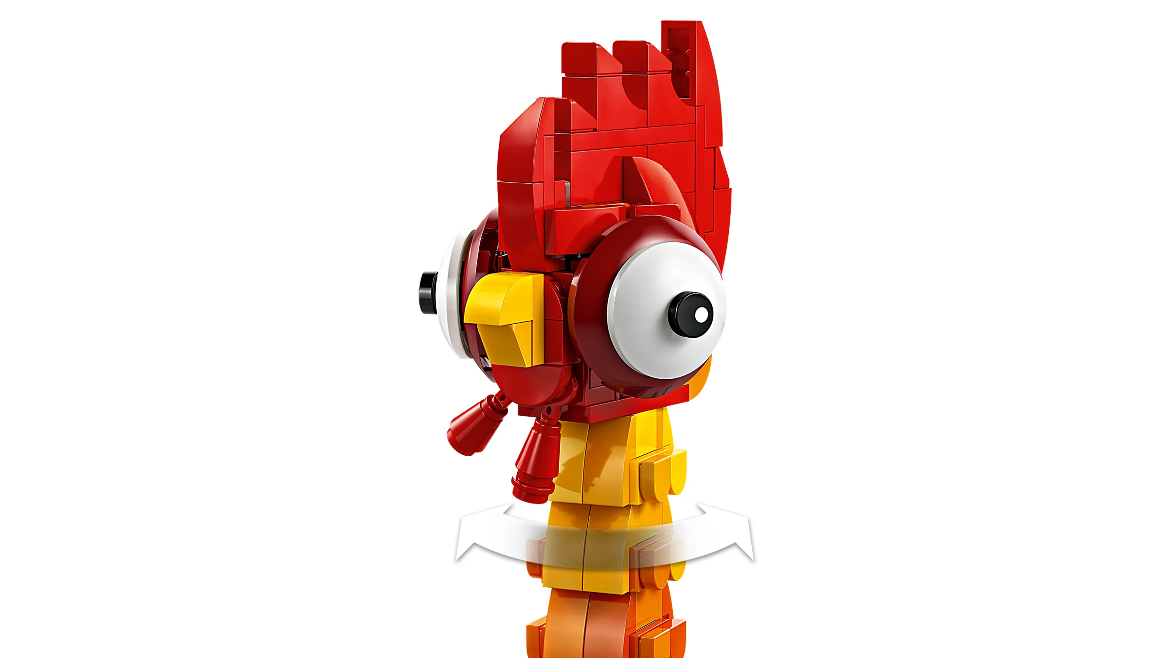 Imagine detaliată a lui Heihei, personajul LEGO, din profil. Un model viu colorat.