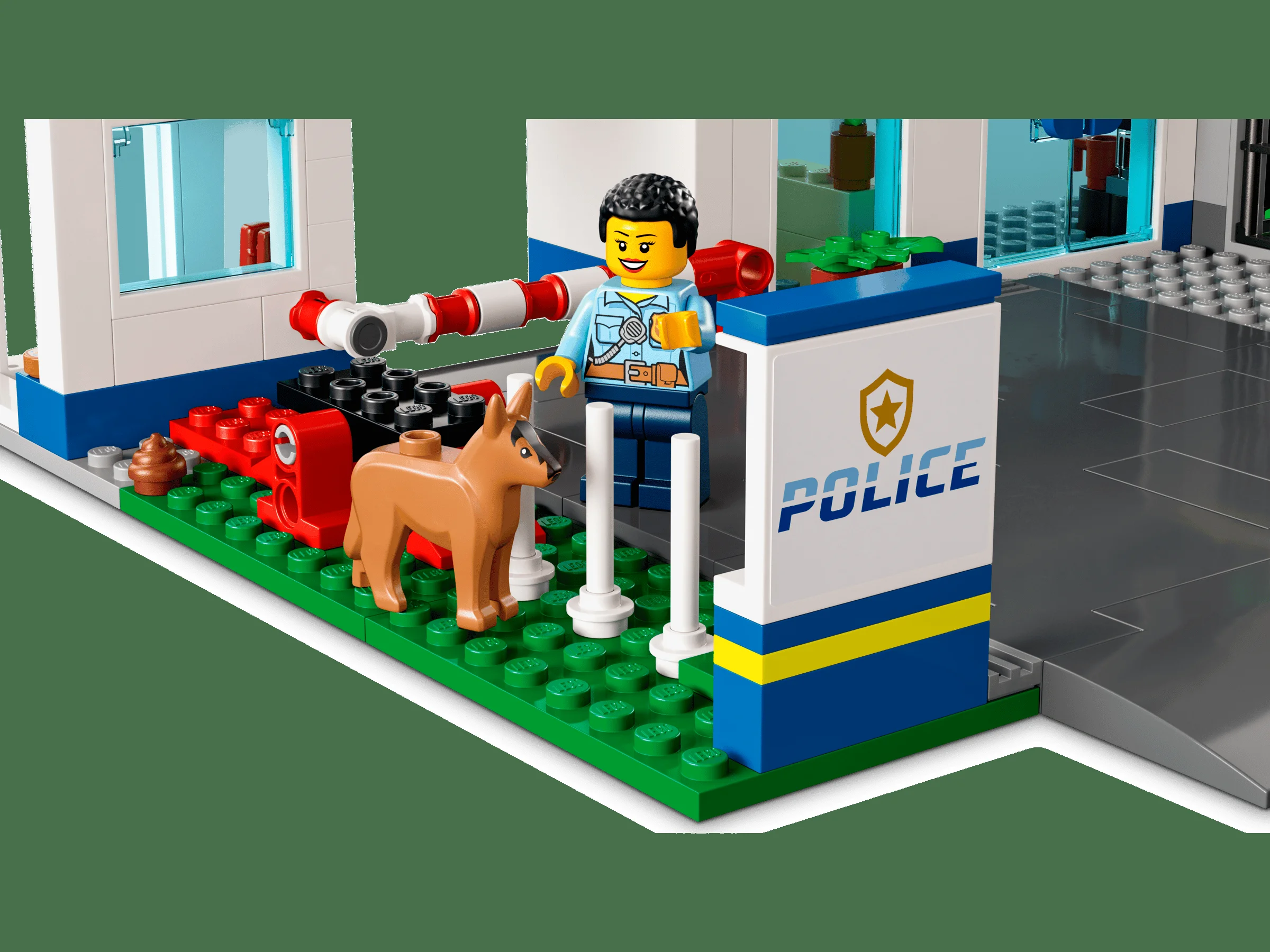 O imagine detaliată cu minifigurina polițistă și câinele polițist din setul 60316.