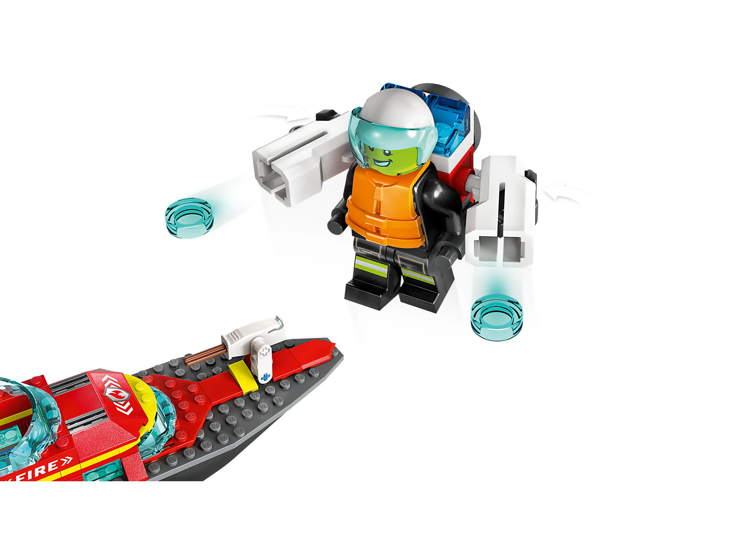 Minifigurina pompier și jetpack-ul său, plus o parte din barca de pompieri. Ideal pentru detalii.