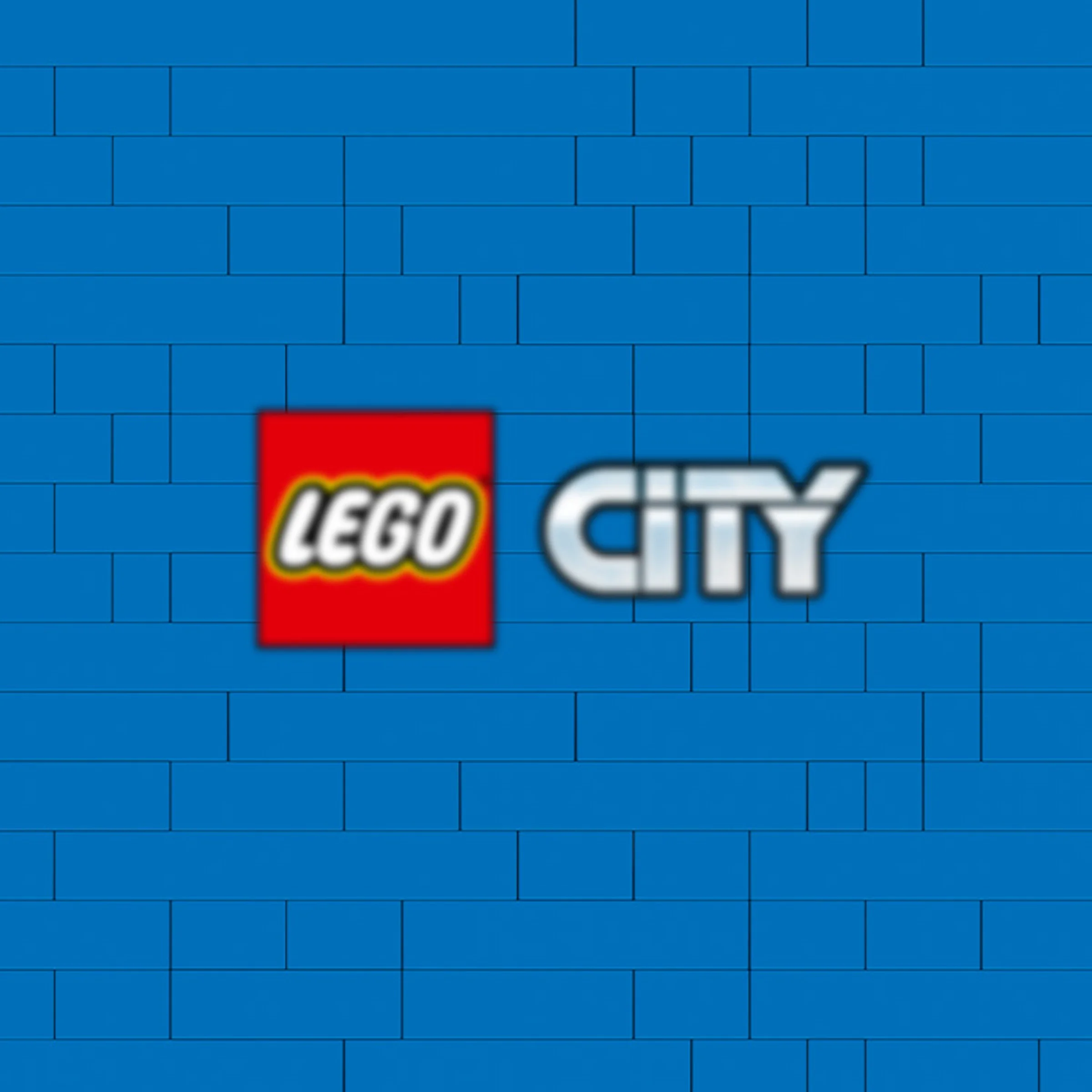 Logo LEGO City pe un fundal albastru construit din cărămizi. Brandul familiar.