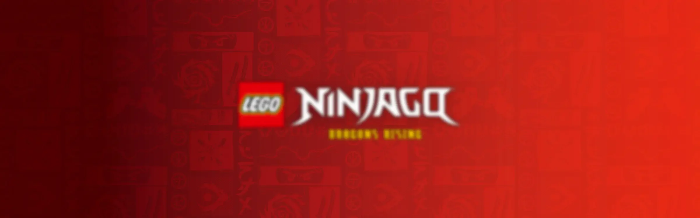Sigla LEGO Ninjago pe un fundal roșu cu elemente grafice subtile. Ideală pentru branding.