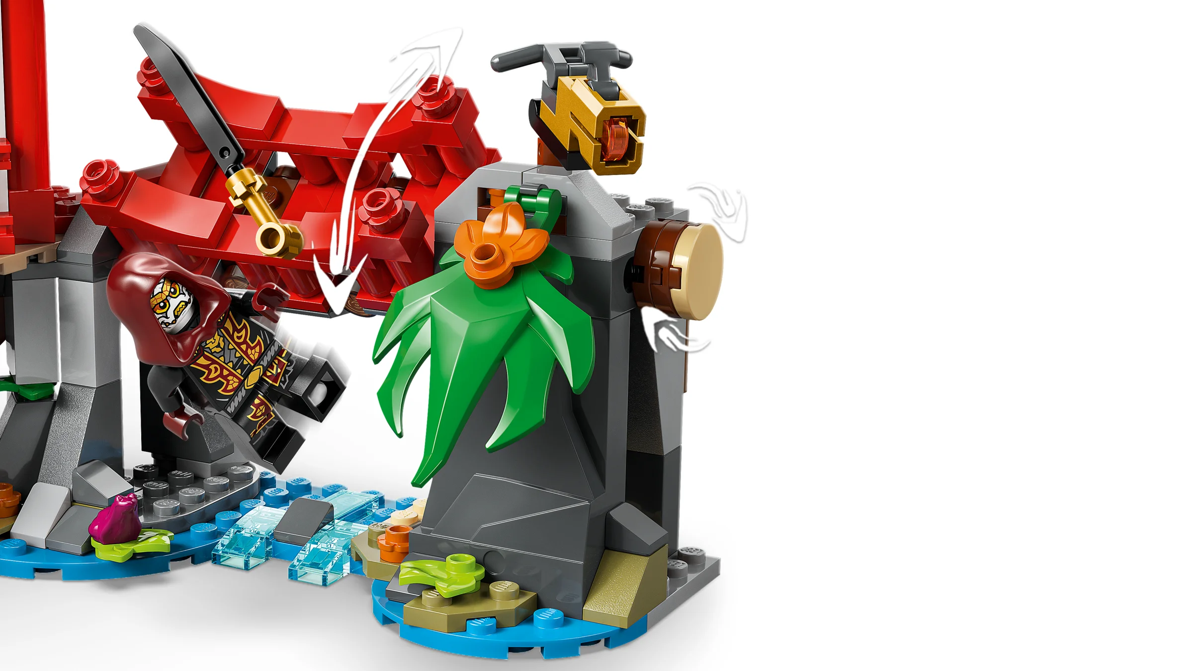 Imagine detaliată a unei scene de luptă din setul LEGO Ninjago 71857, cu elemente interactive.