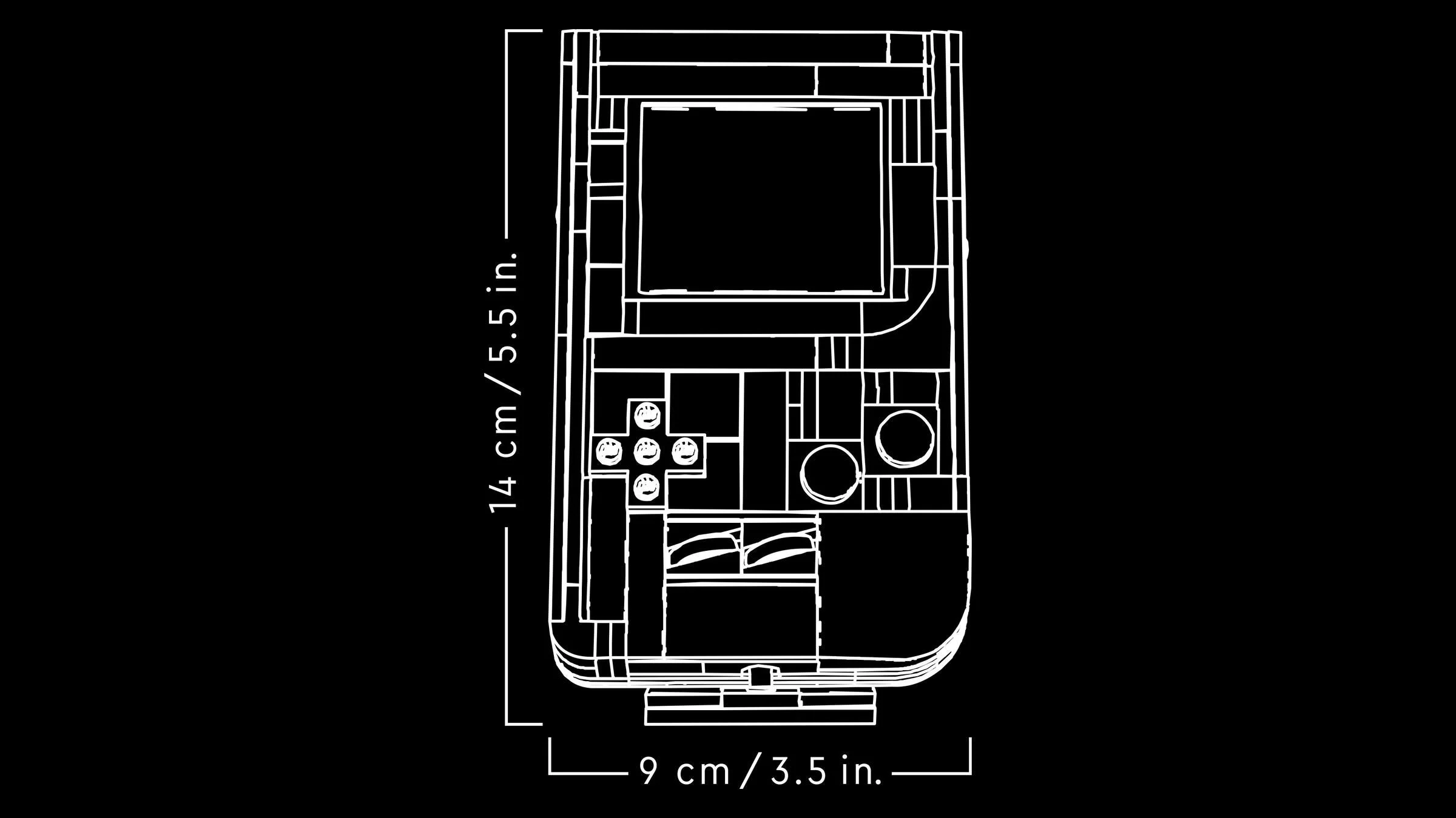Dimensiunile modelului Game Boy LEGO: 14 cm x 9 cm. Detaliile sunt precise.