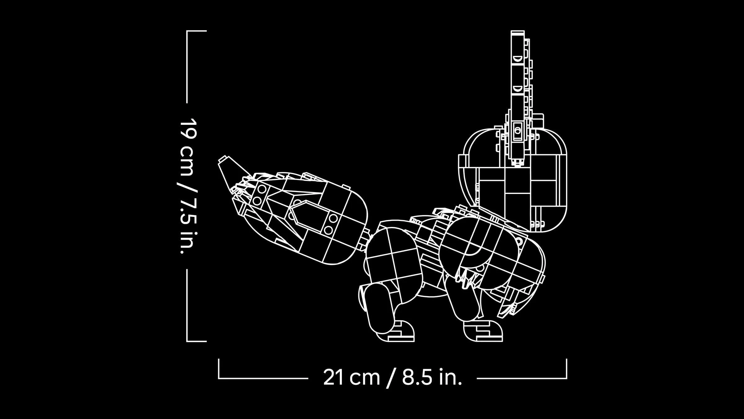 Dimensiunile modelului Eevee din LEGO 72151: 19 cm înălțime, 21 cm lungime. Linii albe pe fundal negru.