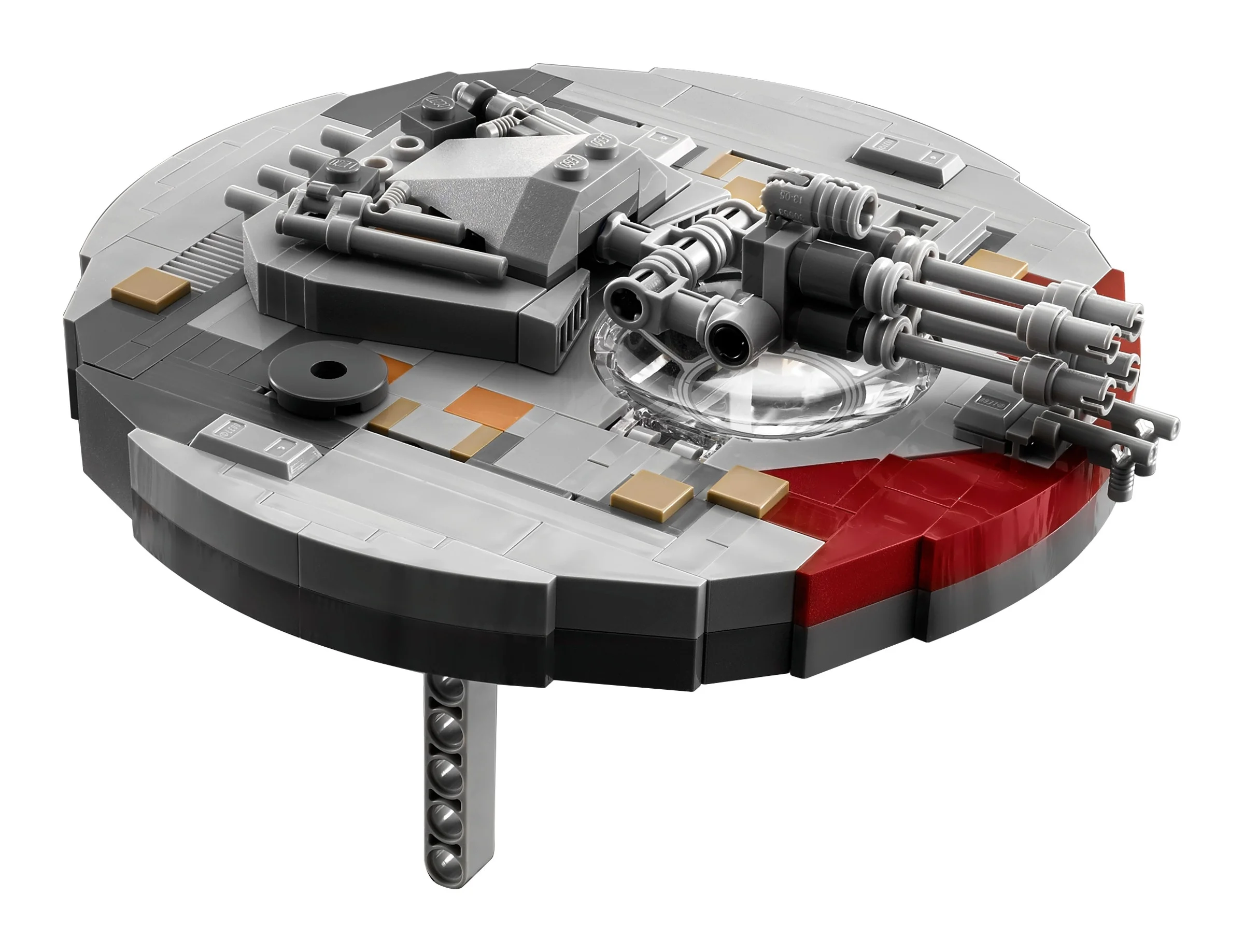 Vedere detaliată a părții superioare a modelului Millennium Falcon LEGO, cu turelele vizibile.