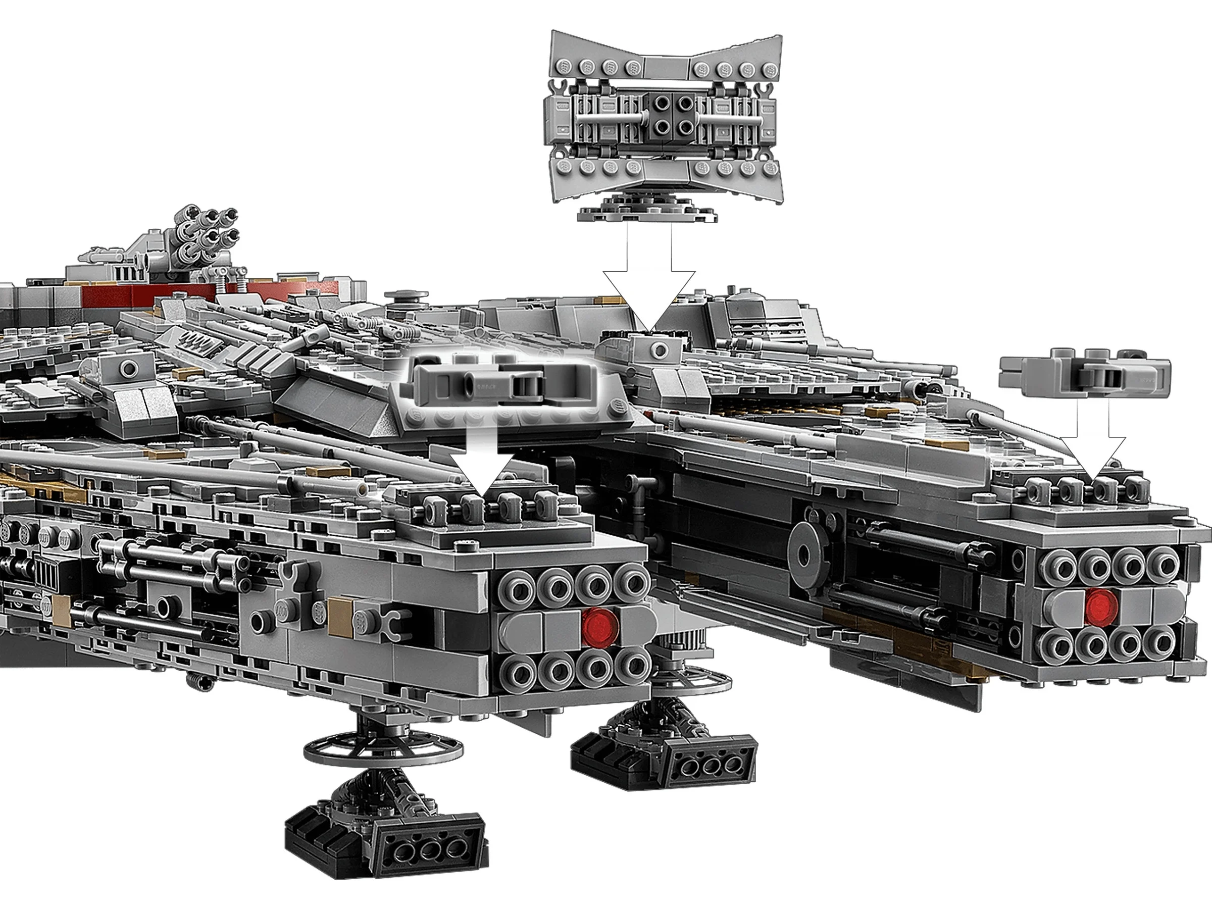 Detalii ale Millennium Falcon, cu zone evidențiate. Complexitate și precizie.