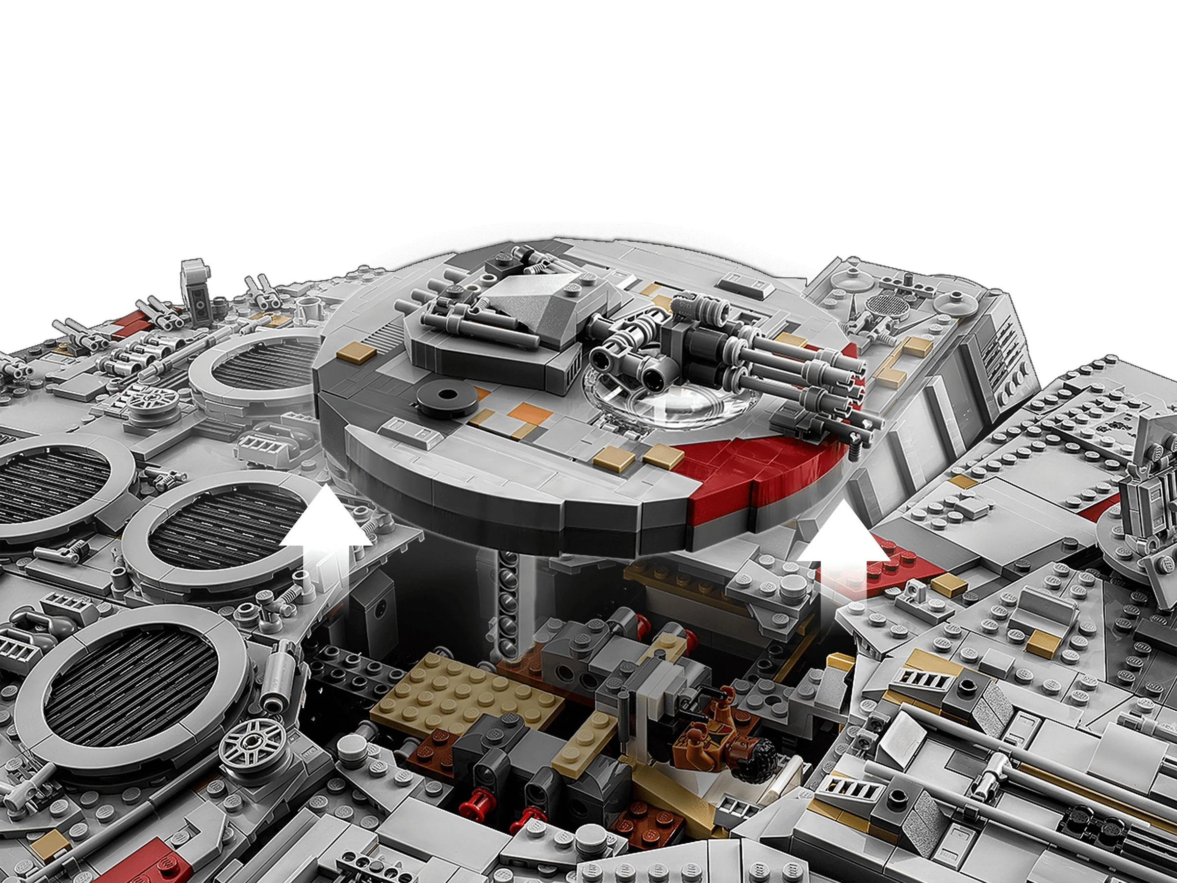 Detaliu al secțiunii superioare detașabile a Millennium Falcon, arătând interiorul complex.