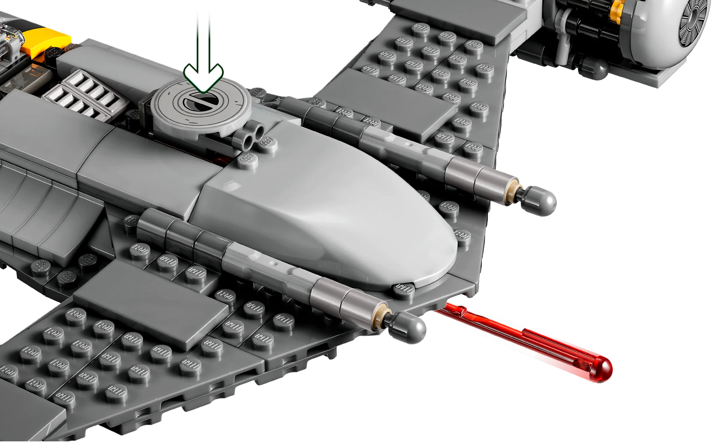 Detalii ale N-1 Starfighter: lansator de rachete și elemente construite cu cărămizi Lego.
