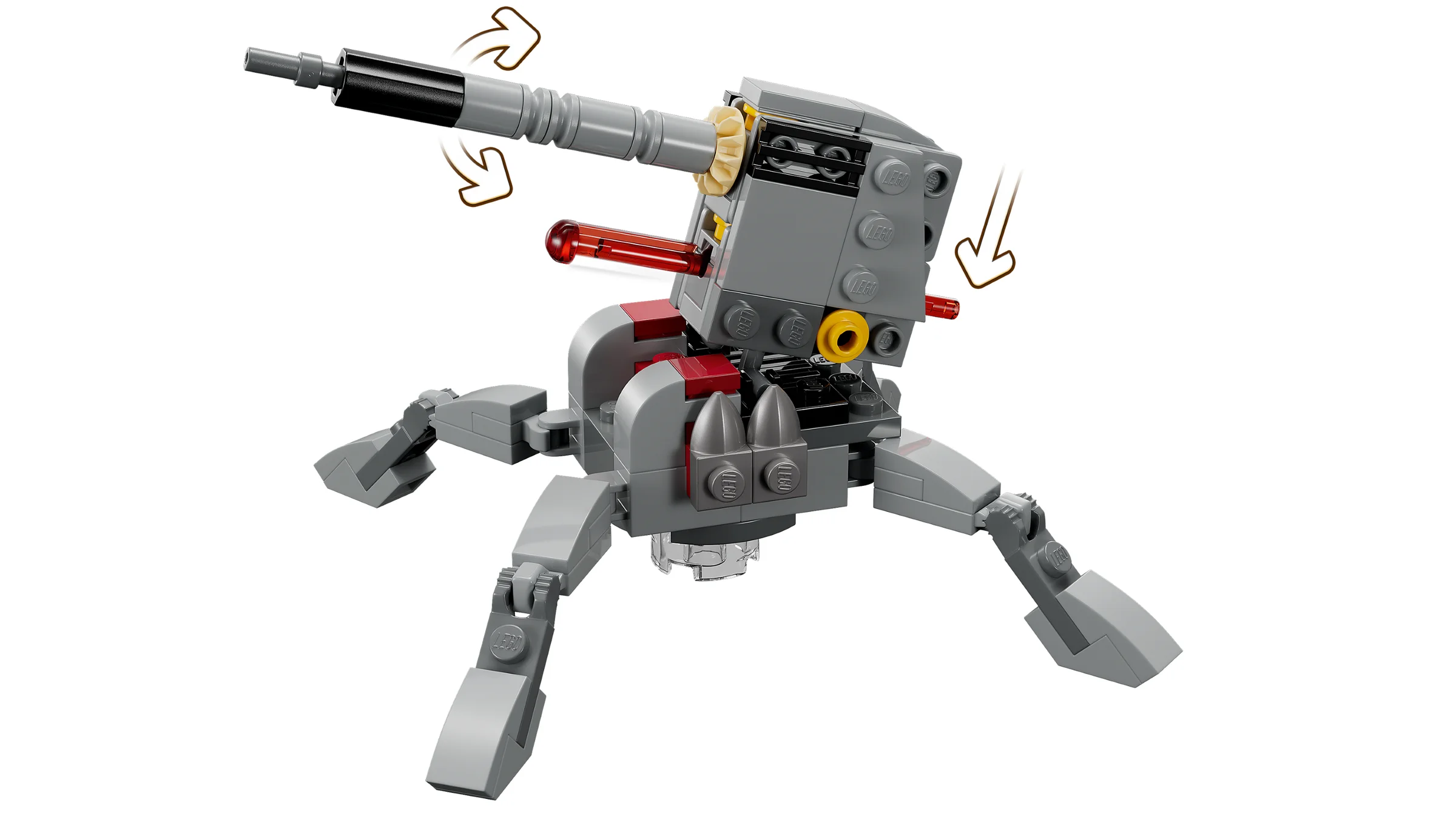 O imagine detaliată a tunului rotativ LEGO Star Wars 75345. Arată funcția de rotire și lansare a proiectilelor.