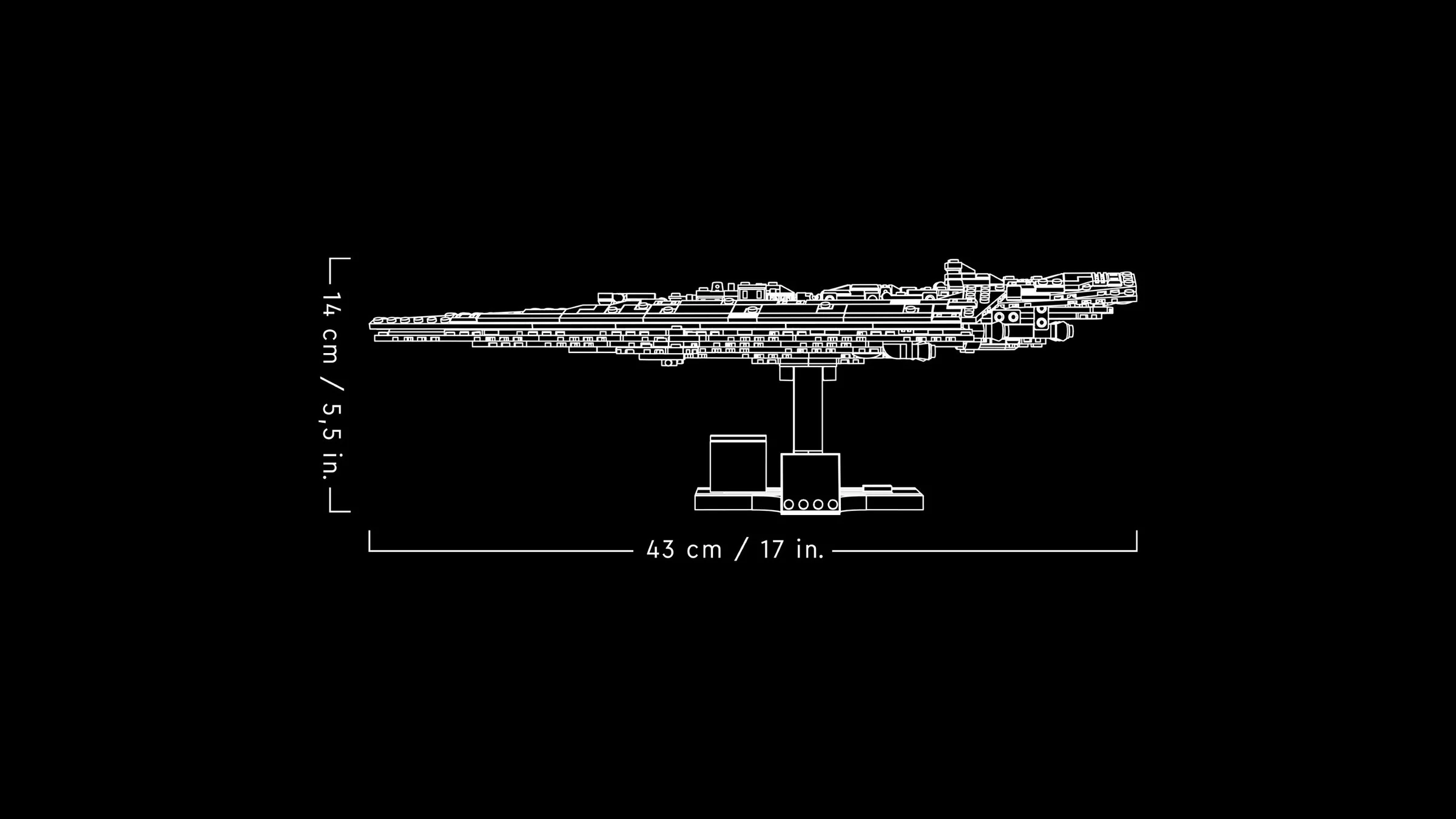 Dimensiunile Super Star Destroyer Executor: 43cm lungime, 14cm înălțime.