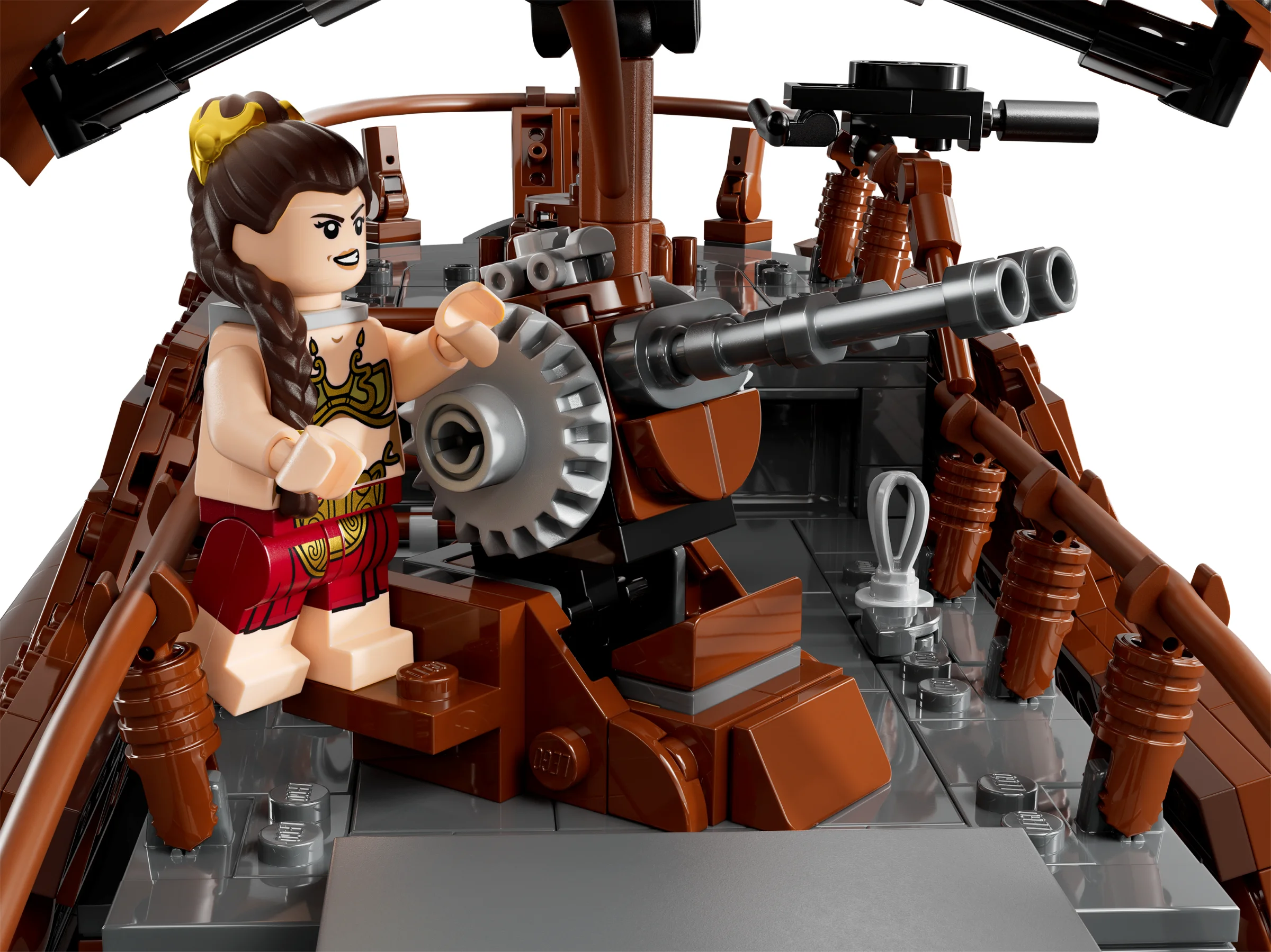 Prim-plan cu Leia Organa manevrând un tun pe barja lui Jabba. Detaliu al setului LEGO Star Wars.