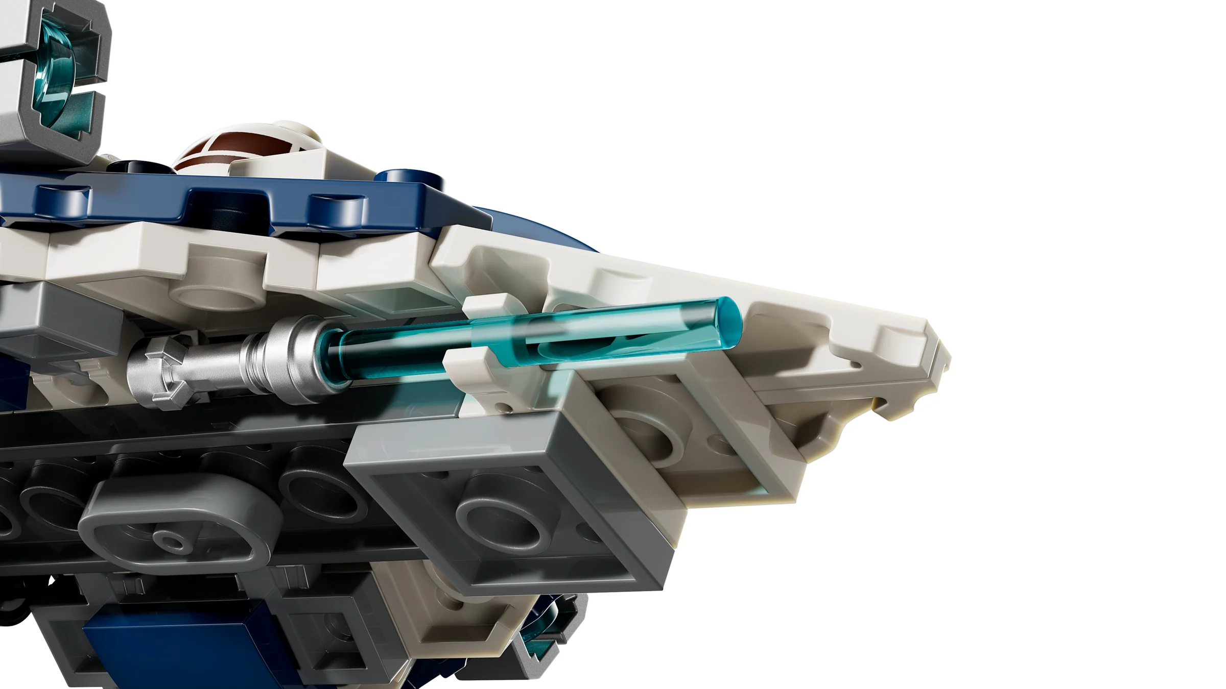 Detaliu al Starfighter-ului Jedi, evidențiind tunul laser albastru translucid.