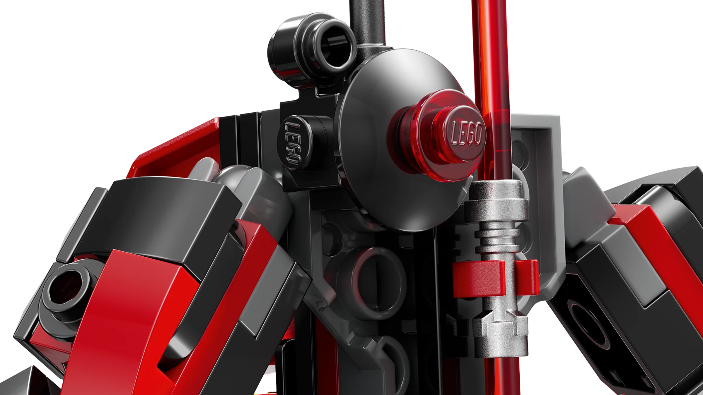 Detalii ale mech-ului Darth Maul, culori roșii și negre. Imagine de aproape, accent pe texturile LEGO.