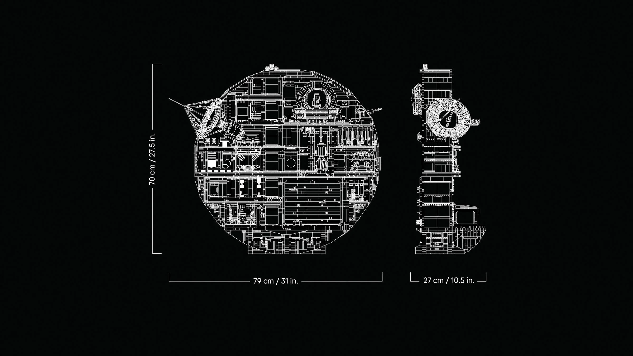 Ilustrație tehnică Death Star, cu dimensiuni. Vedere schematică, detaliată, alb-negru.