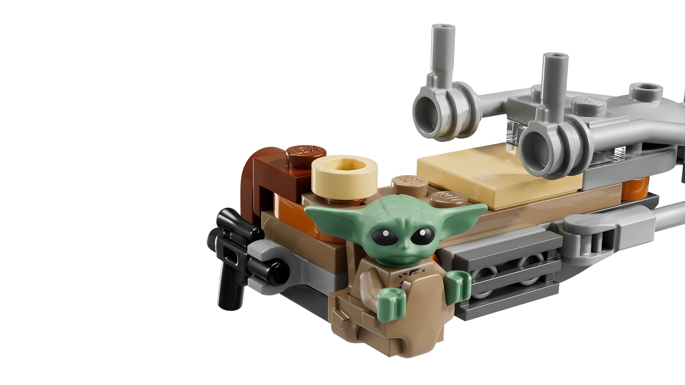Grogu pe vehiculul său, detaliind elementele LEGO. O imagine detaliată a modelului LEGO.