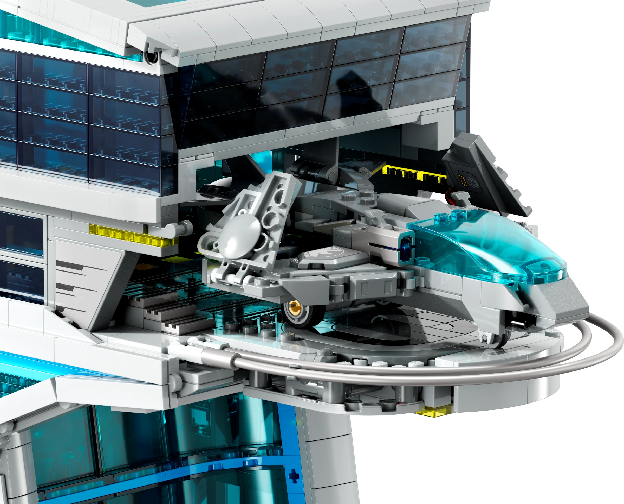 O imagine detaliată a navei Quinjet din LEGO Avengers Tower, gata de lansare.