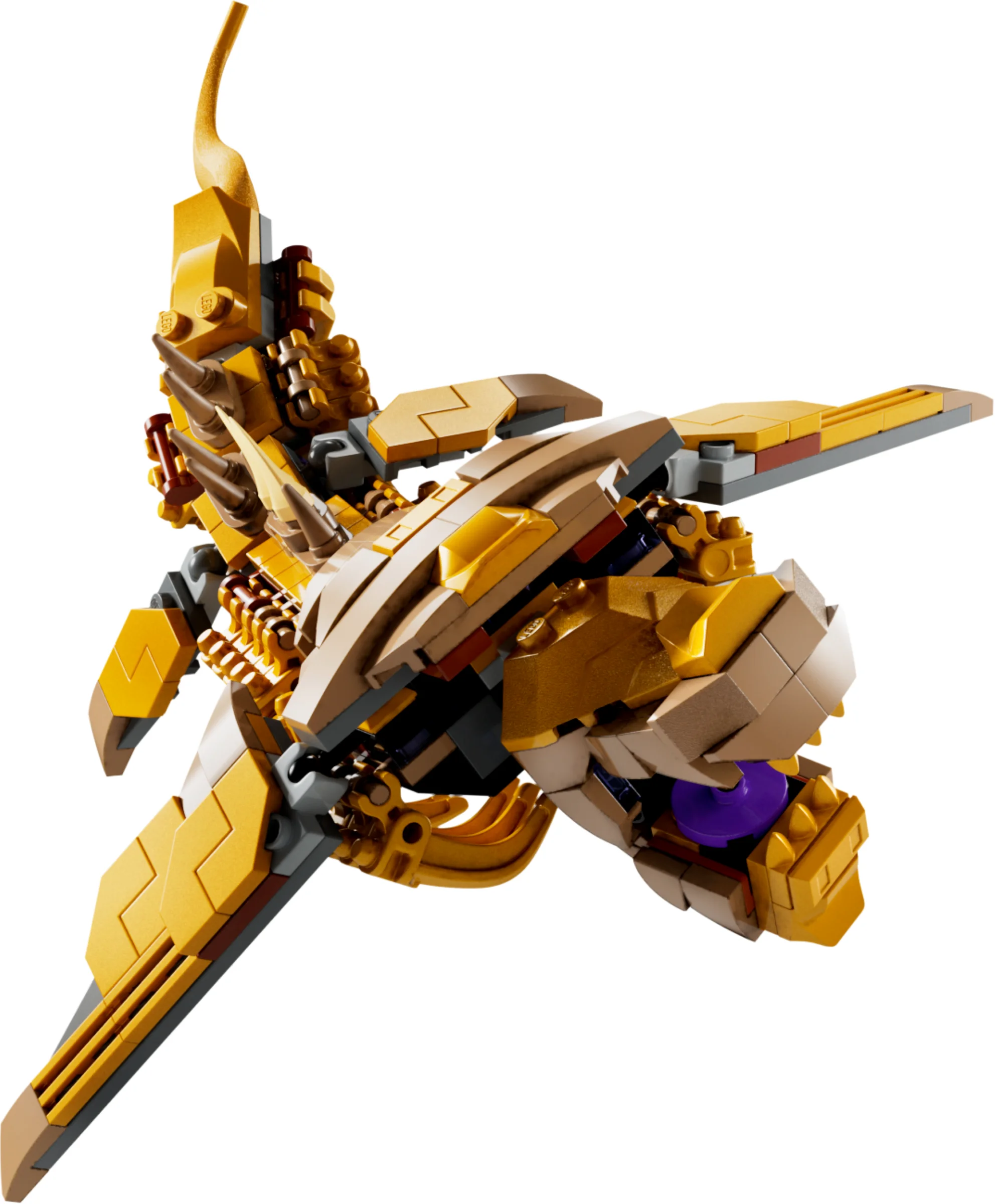 Prim-plan cu detaliile dragonului auriu LEGO. Acesta este auriu, maro și gri.
