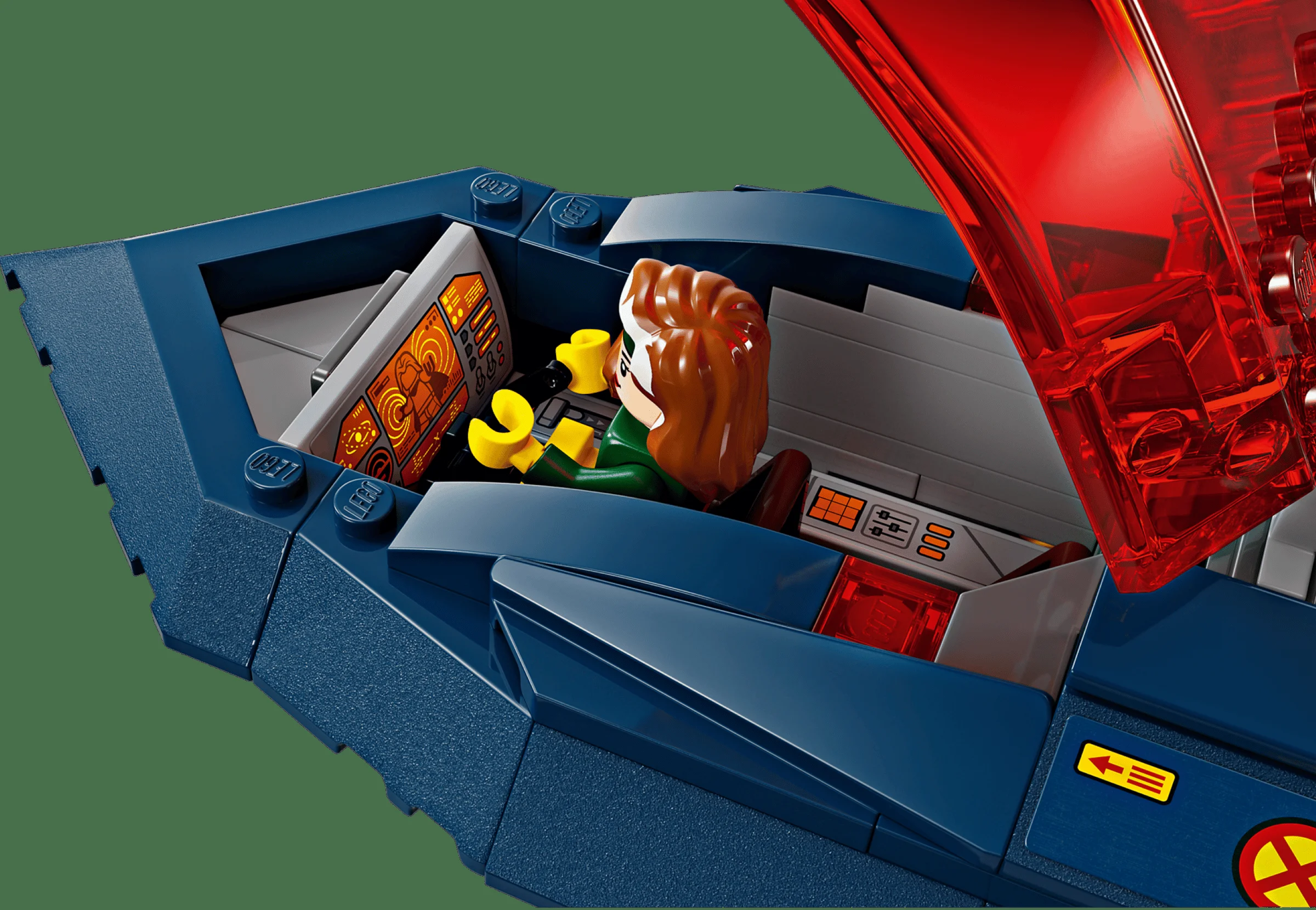 Interiorul X-Jet-ului, cu mini-figurina Rogue la manșă și panoul de control detaliat.
