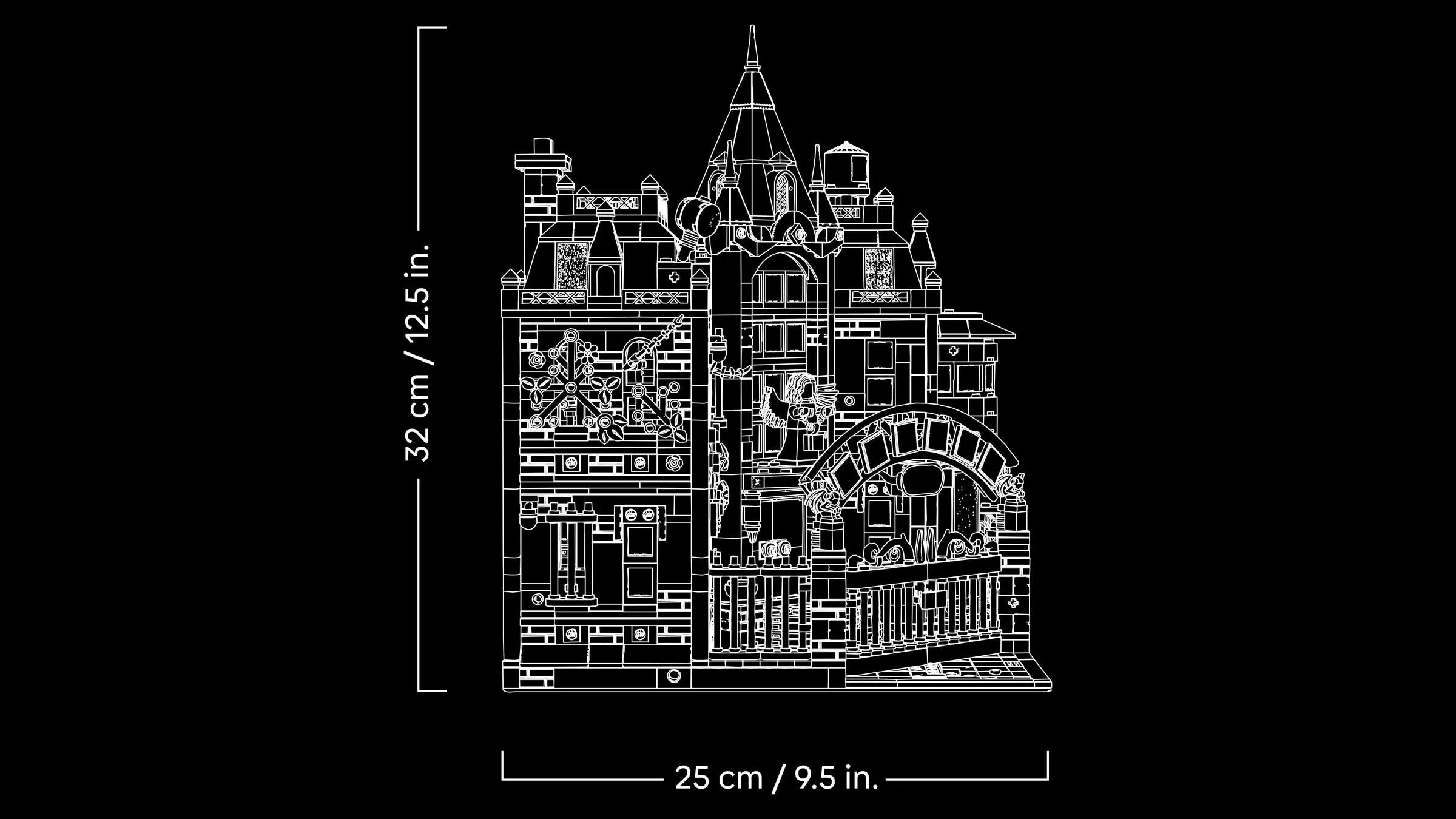 Dimensiunile modelului Arkham Asylum: 32cm înălțime și 25cm lățime. Design schematic.