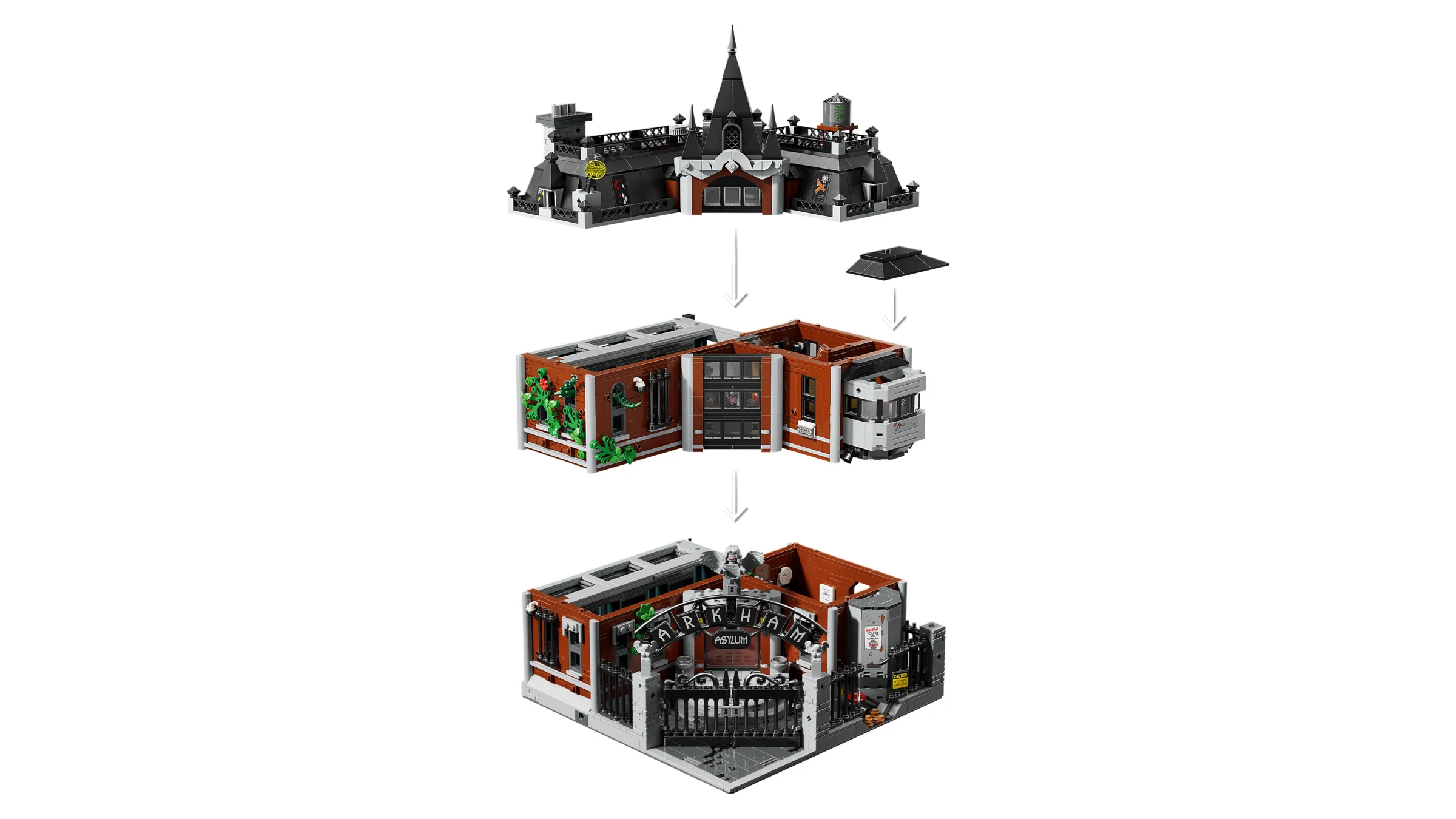 Explodarea construcției Arkham Asylum, cu detaliile fiecărui nivel prezentate. O imagine detaliată și informativă.