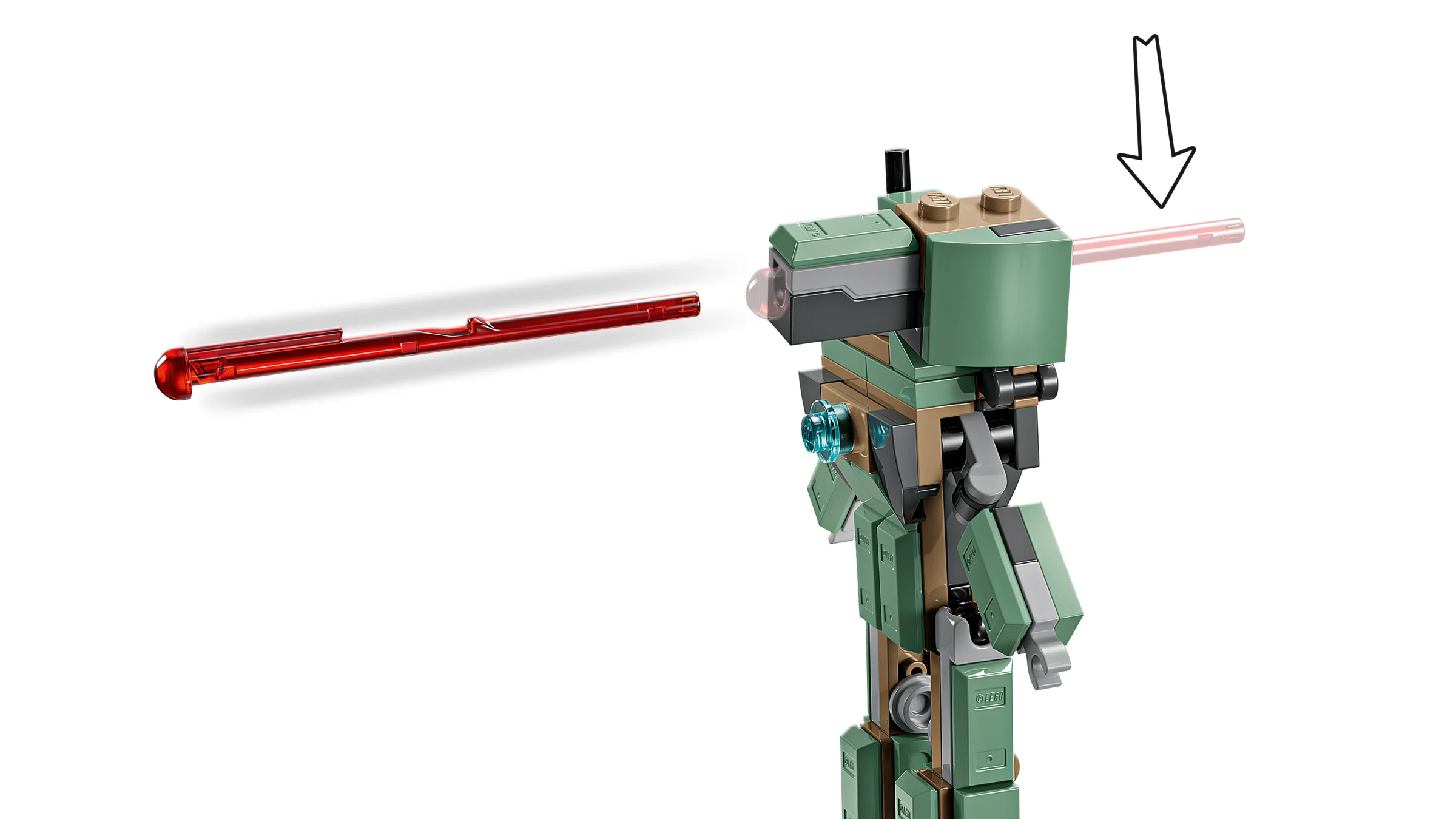 Drona Hammer LEGO trăgând cu un fascicul roșu. Detaliu constructiv.