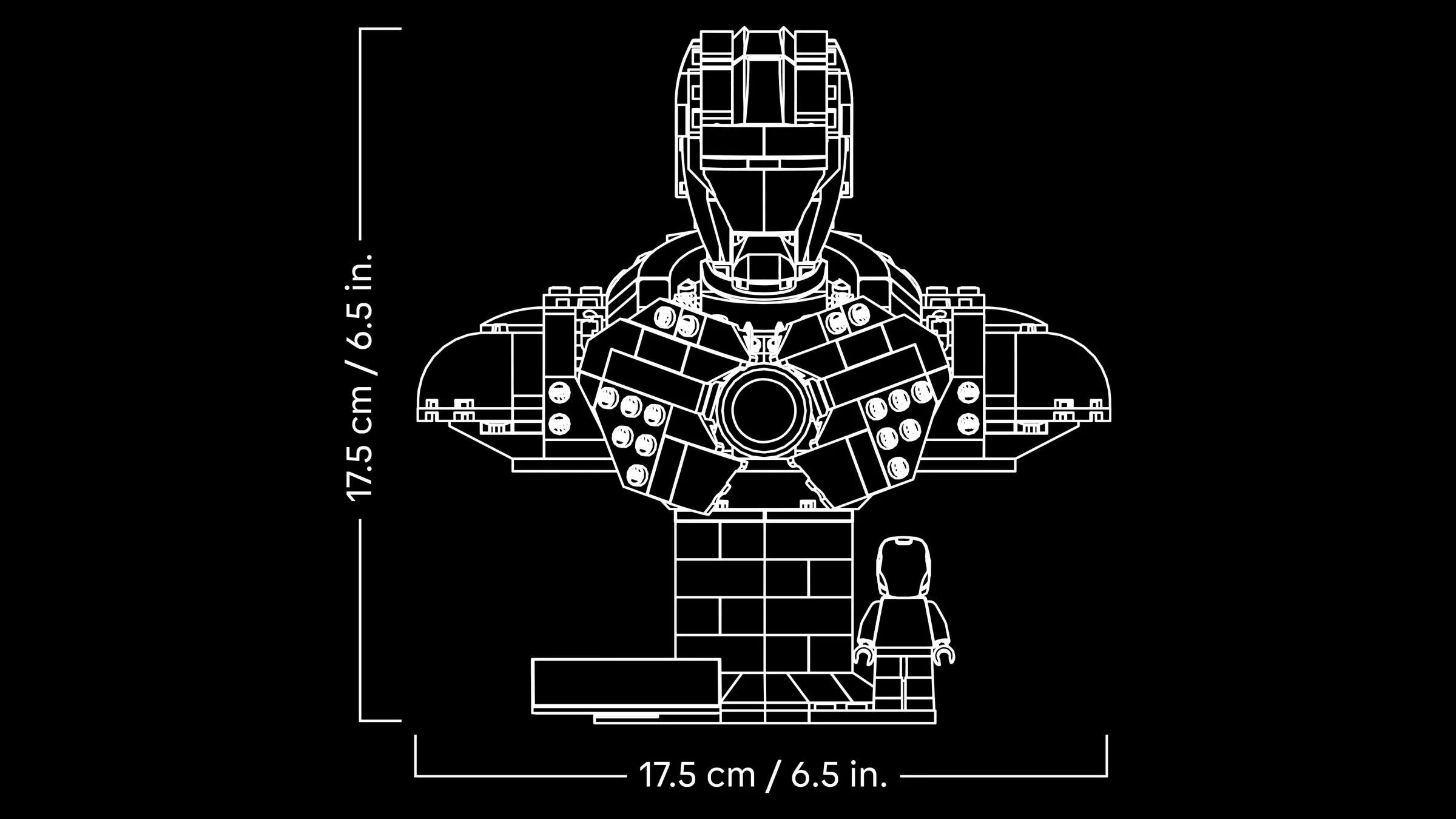 Dimensiuni bust Iron Man (76327): 17,5 cm înălțime și lățime.