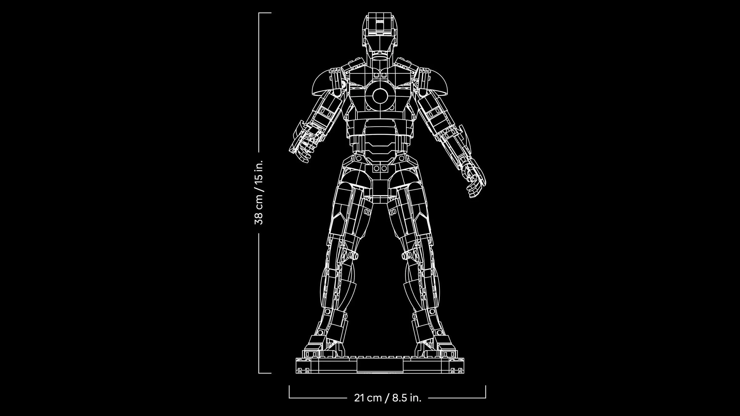 Dimensiunile modelului Iron Man Mark 3: 38 cm înălțime, 21 cm lățime.