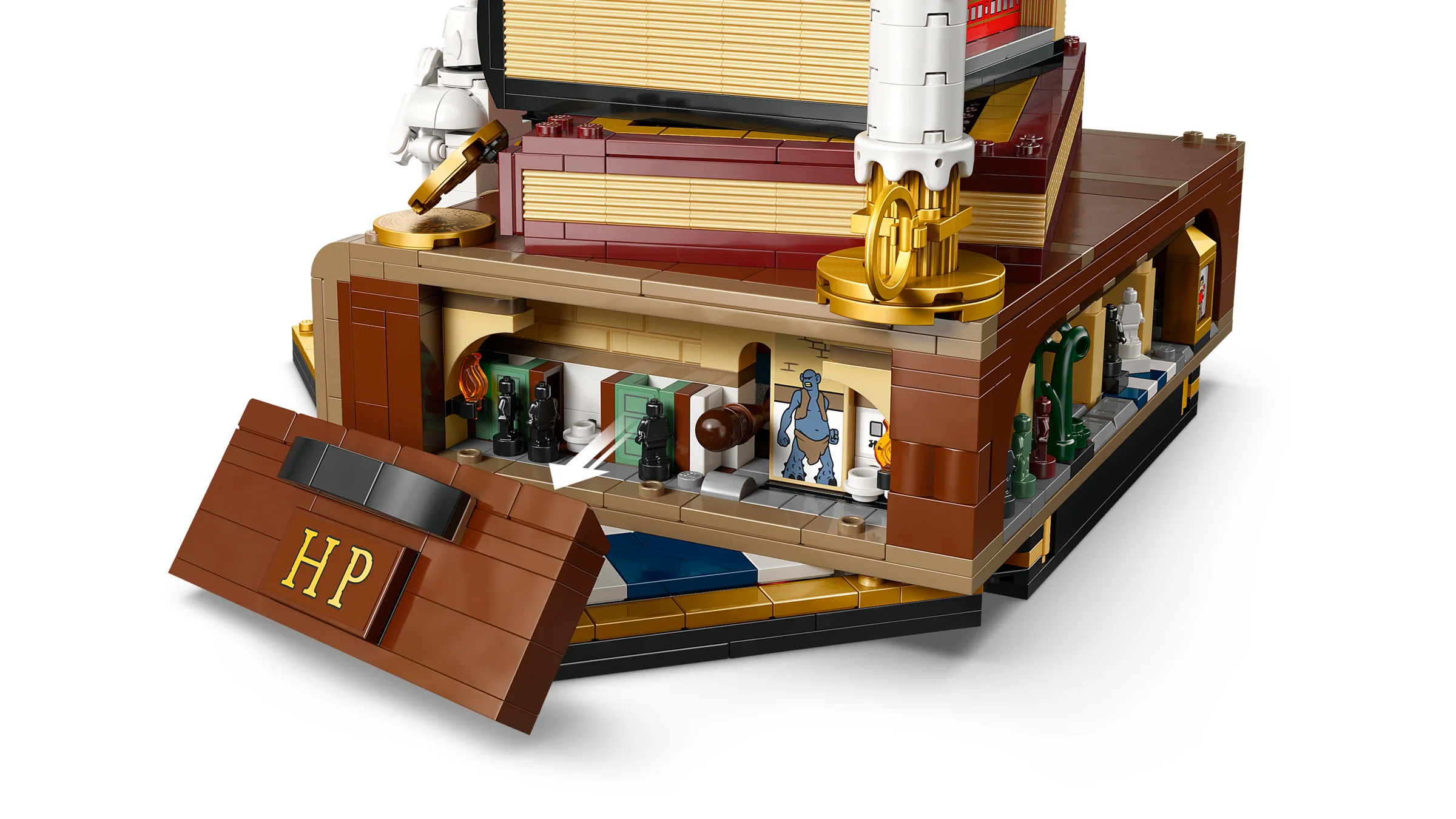 O vedere detaliată a setului LEGO Piatra Filozofală, cu o secțiune deschisă, dezvăluind interiorul.